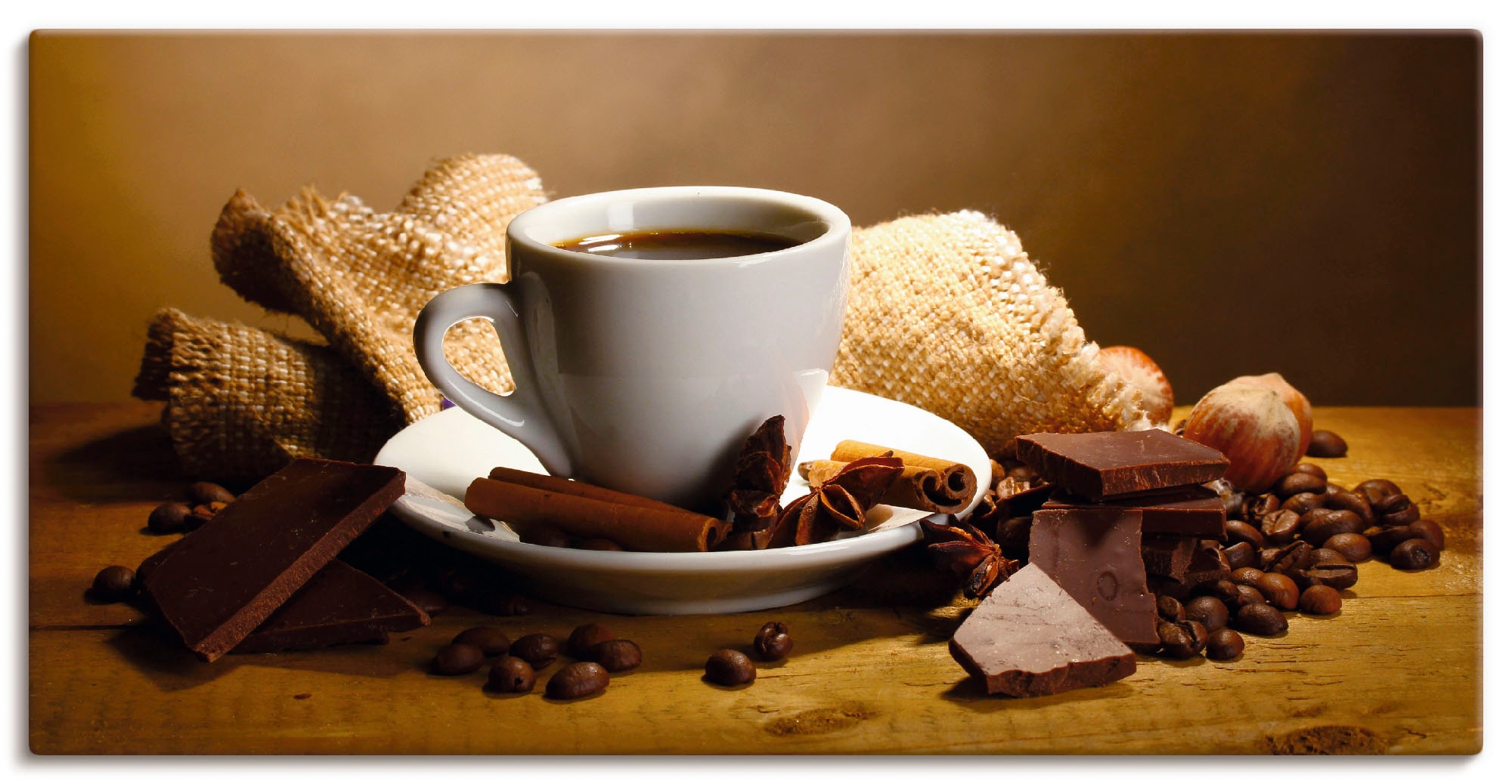 Artland Wandbild "Kaffeetasse Zimtstange Nüsse Schokolade" Getränke 1 tlg. günstig online kaufen