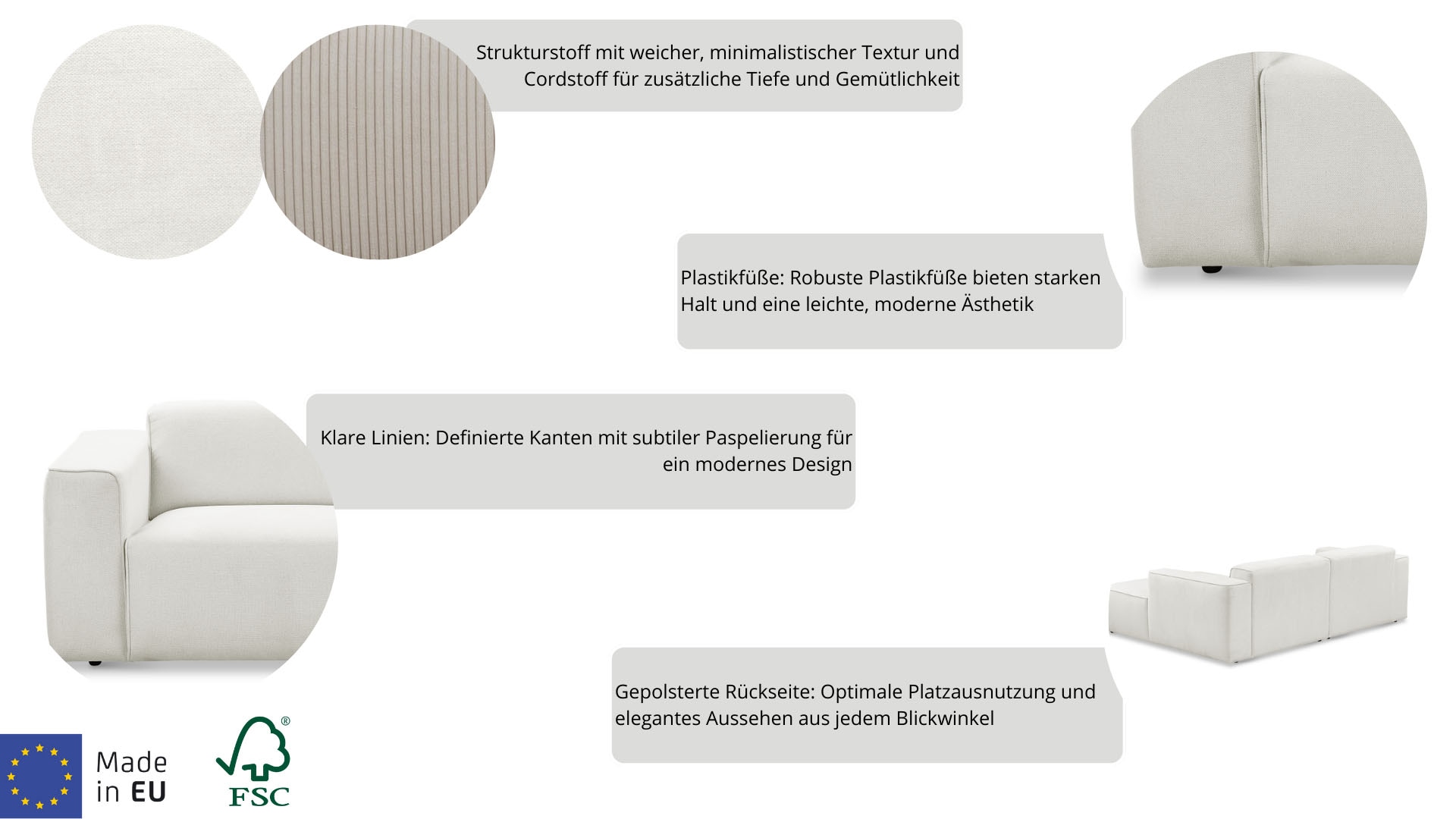 andas Ecksofa »Noord«, mit Kedernaht, Breite 227 cm, Cord, Struktur