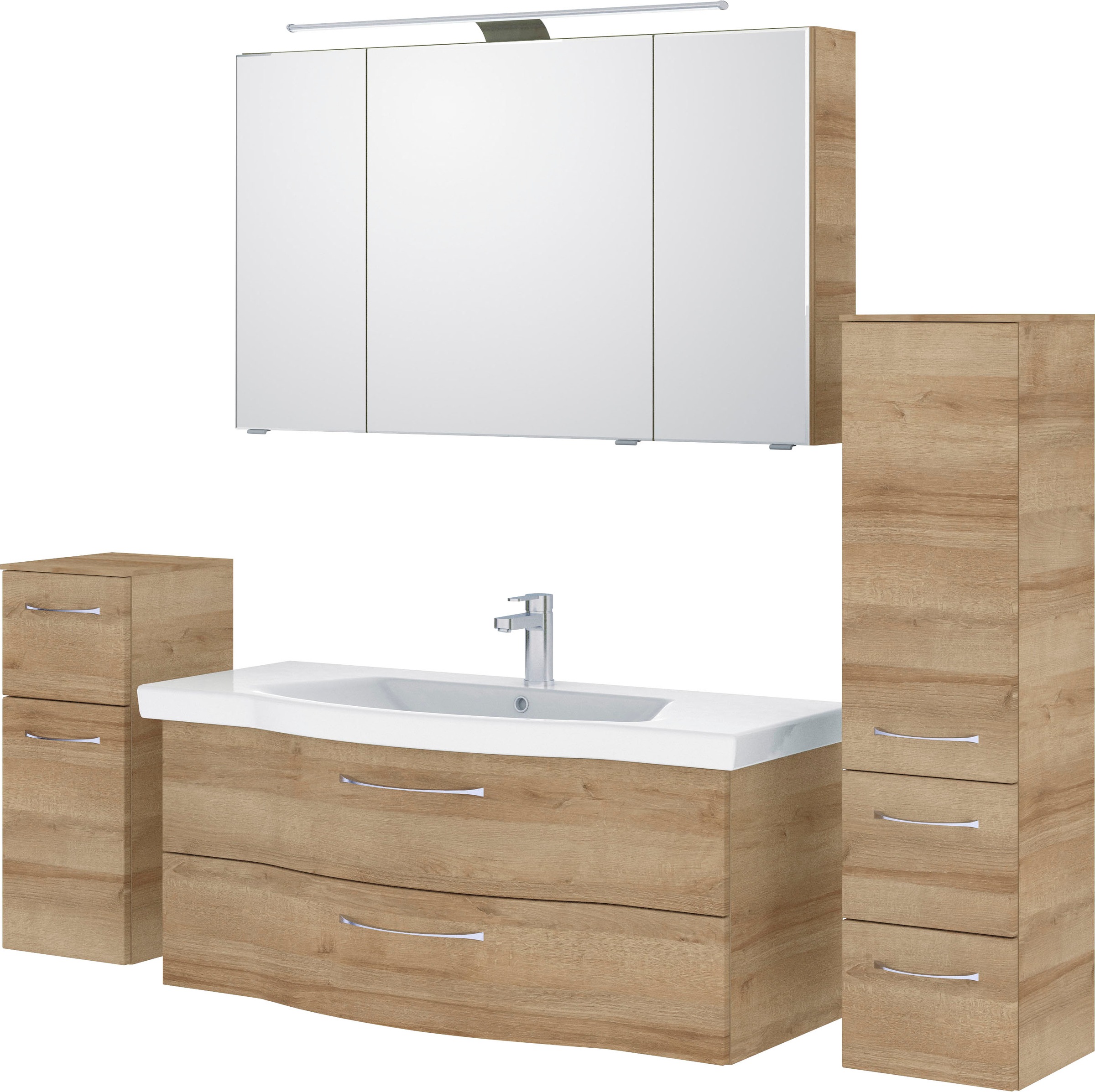 Saphir Badmöbel-Set »6005 Sprint 4-teilig, Keramik-Waschtisch mit LED-Spiegelschrank«, (5 St.), Unterschrank, Midischrank, inkl. Türdämpfer, 5 Türen, 5 Schubladen