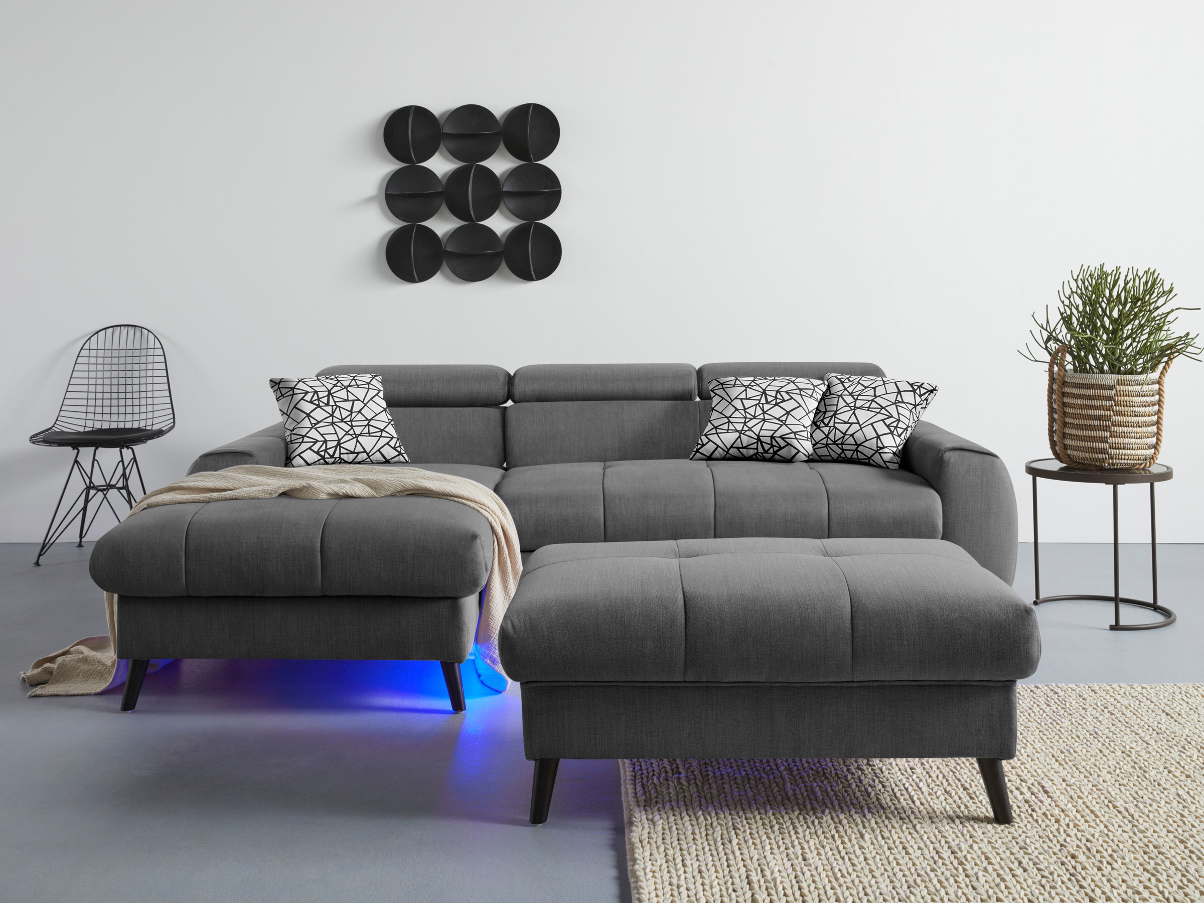 COTTA Ecksofa »Mia L-Form mit 3 Zierkissen«, wahlweise mit Bettfunktion, Bettkasten, Beleuchtung & Wireless-Charger