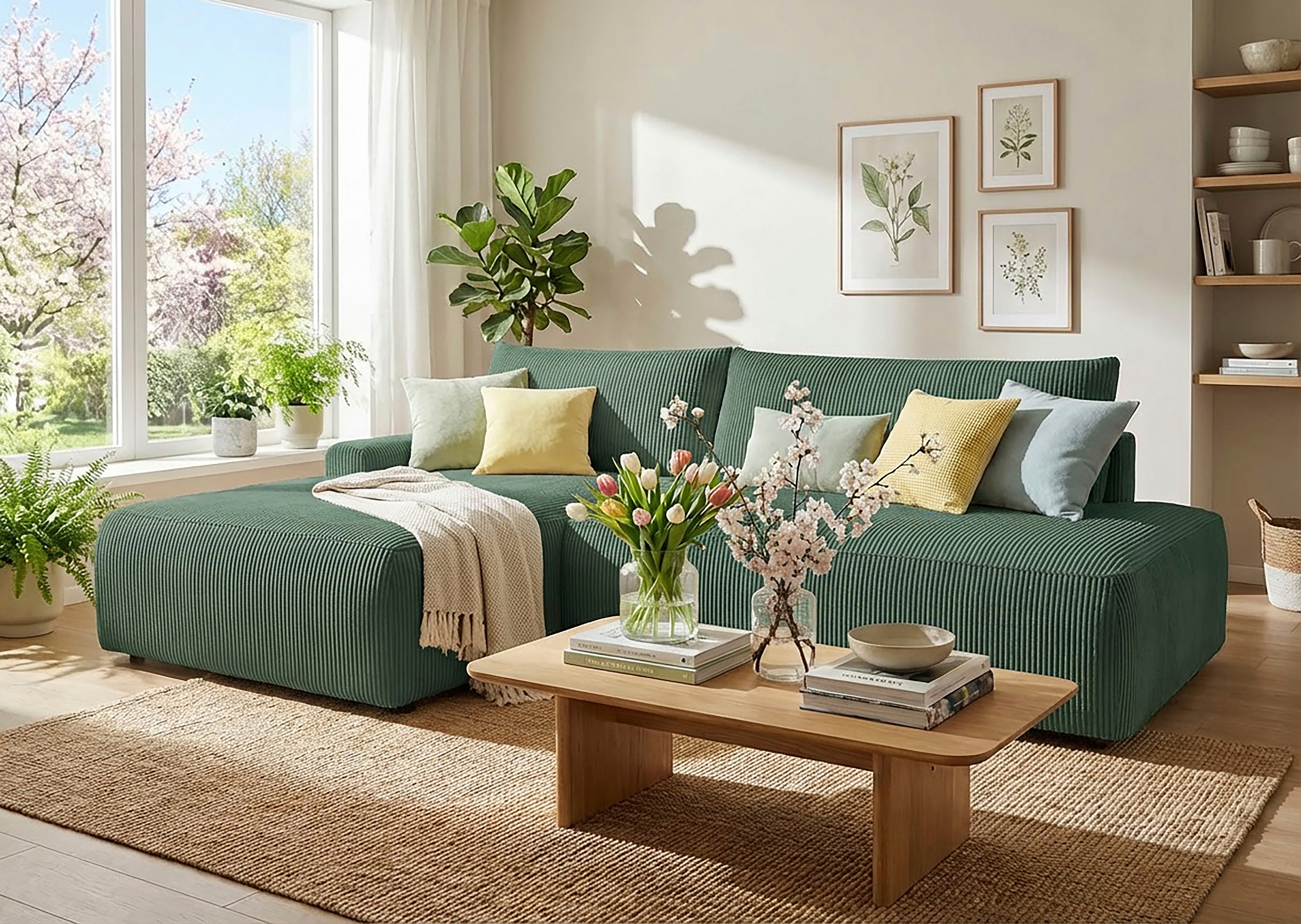 TRENDMANUFAKTUR Ecksofa "Prag, Schlafsofa mit Bettkasten, Couch in L-Form, Breite 253 cm" in Cordstoff HYPER, dunkelgrün, Recamiere links