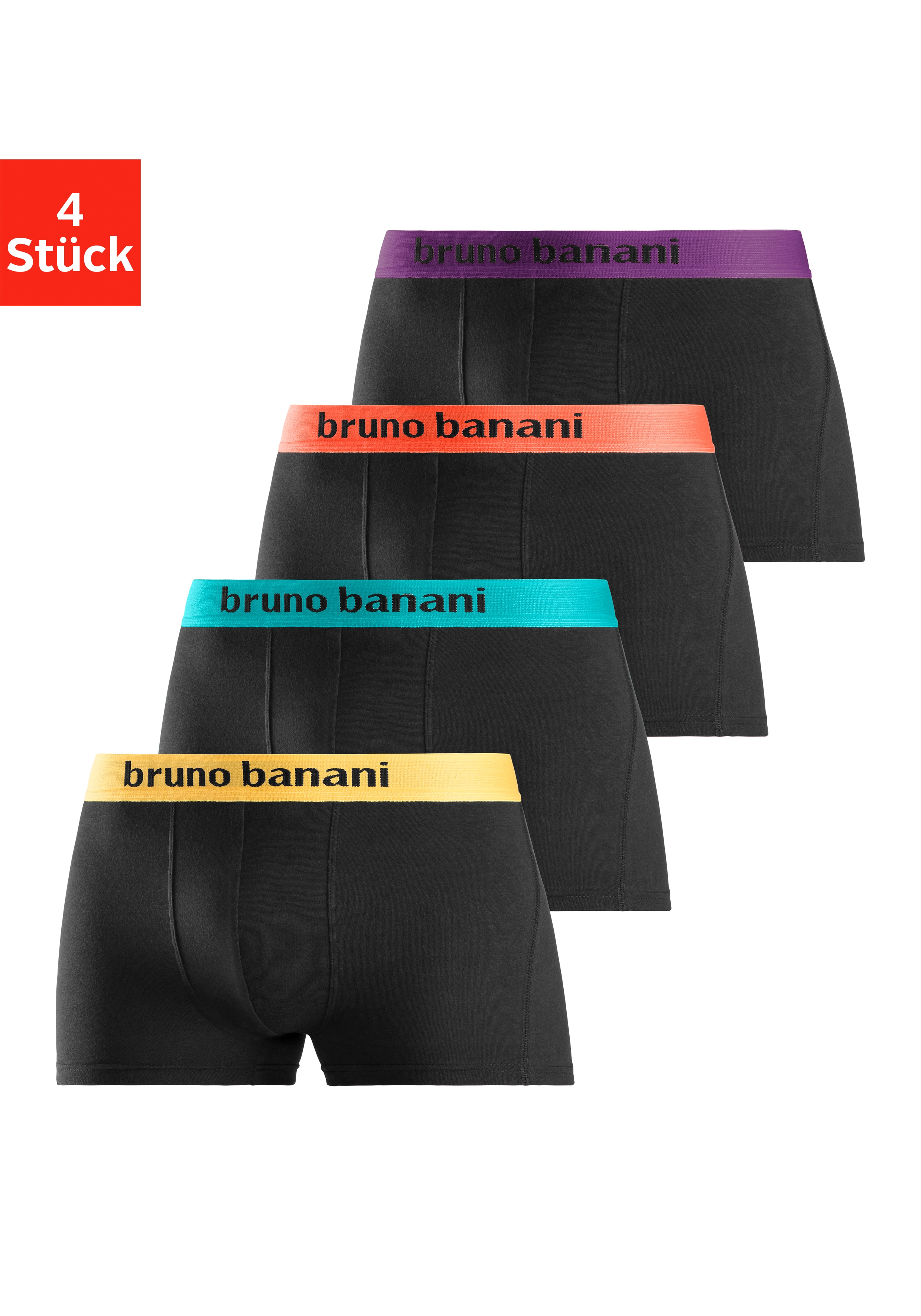Bruno Banani Boxer "Boxershorts für Herren" Packung, 4 Stk. mit farbigen Marken-Schriftzug am Bündchen
