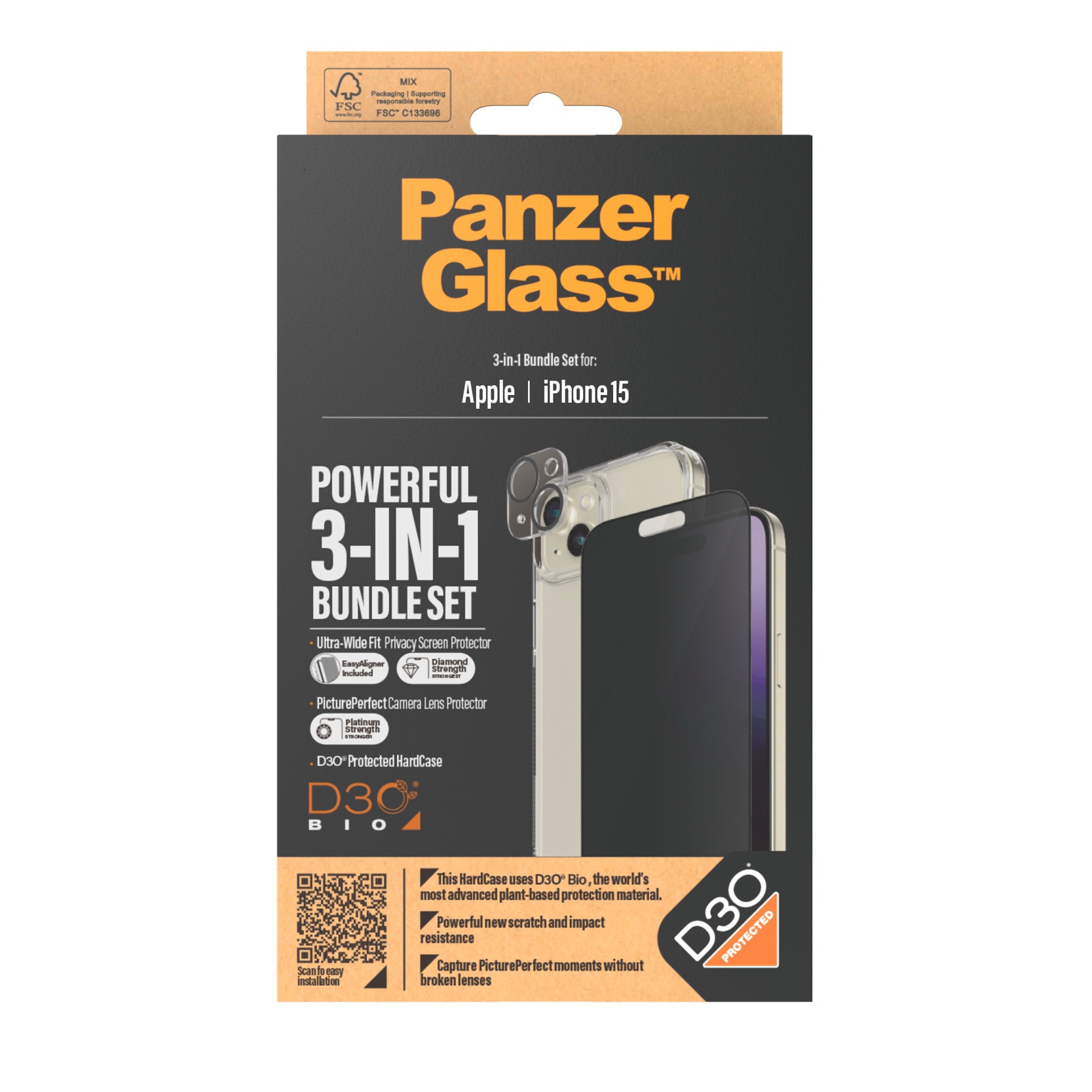 PanzerGlass Displayschutzglas »3-in-1-Privacy-Pack Privacy, Camera Protector und Cover«, für iPhone 15