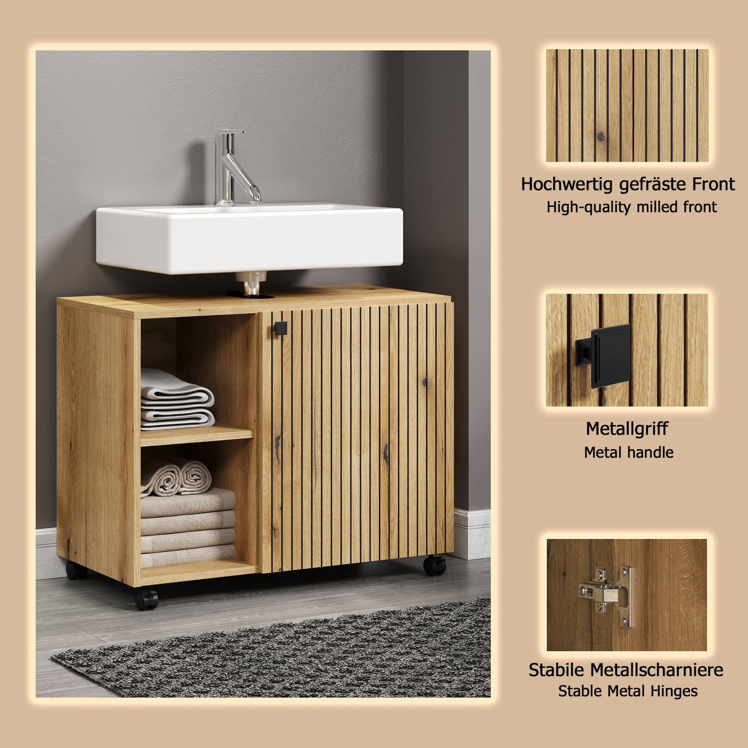 welltime Waschbeckenunterschrank »Amrum«, (1 St.), Waschtisch auf Rollen - (B/T/H) wahlweise 60-80/42/64 cm