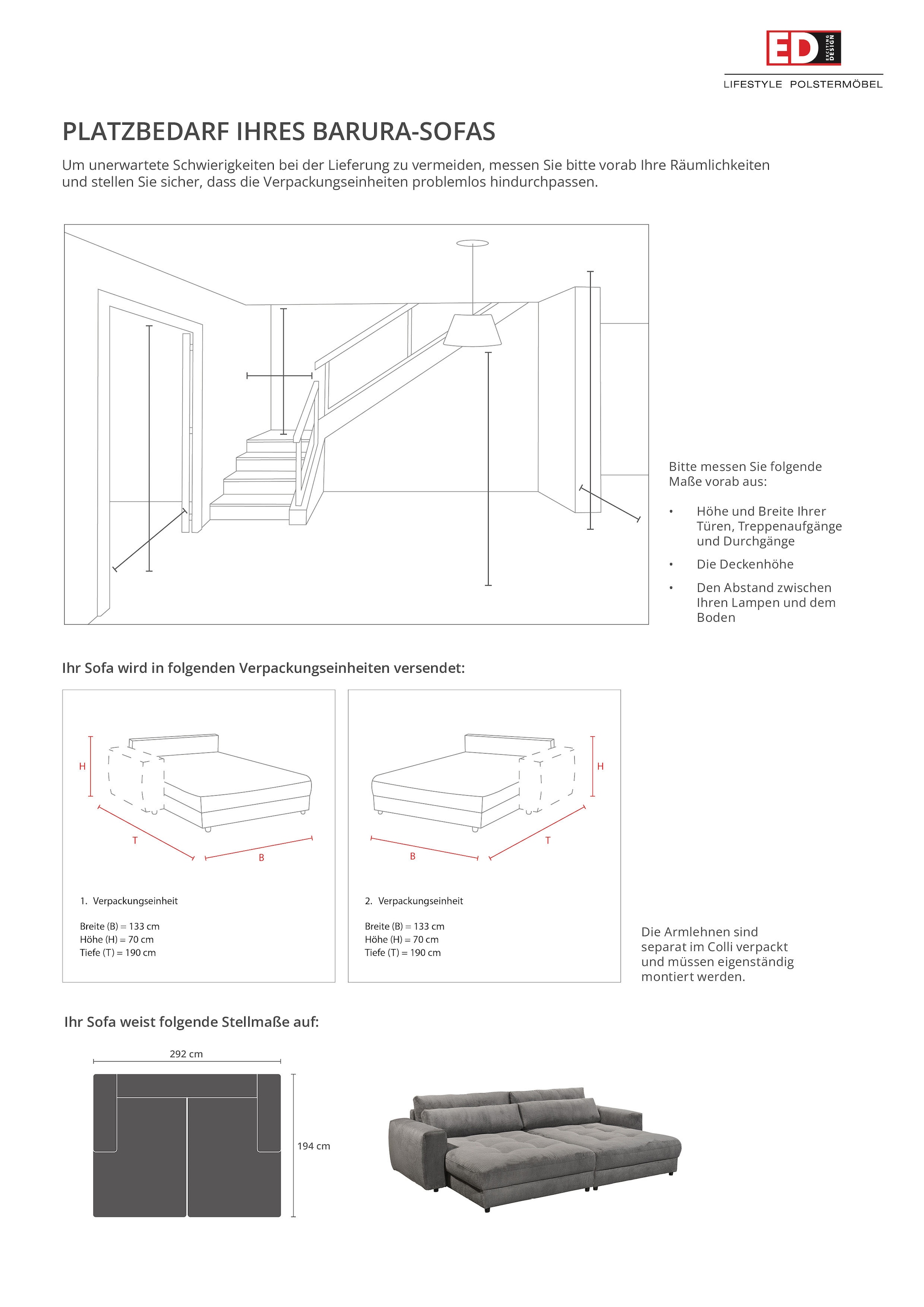 ED EXCITING DESIGN Big-Sofa »Loveseat, 2-Sitzer, Barura, Breite 292« Big-Sofa mit 2 Nierenkissen