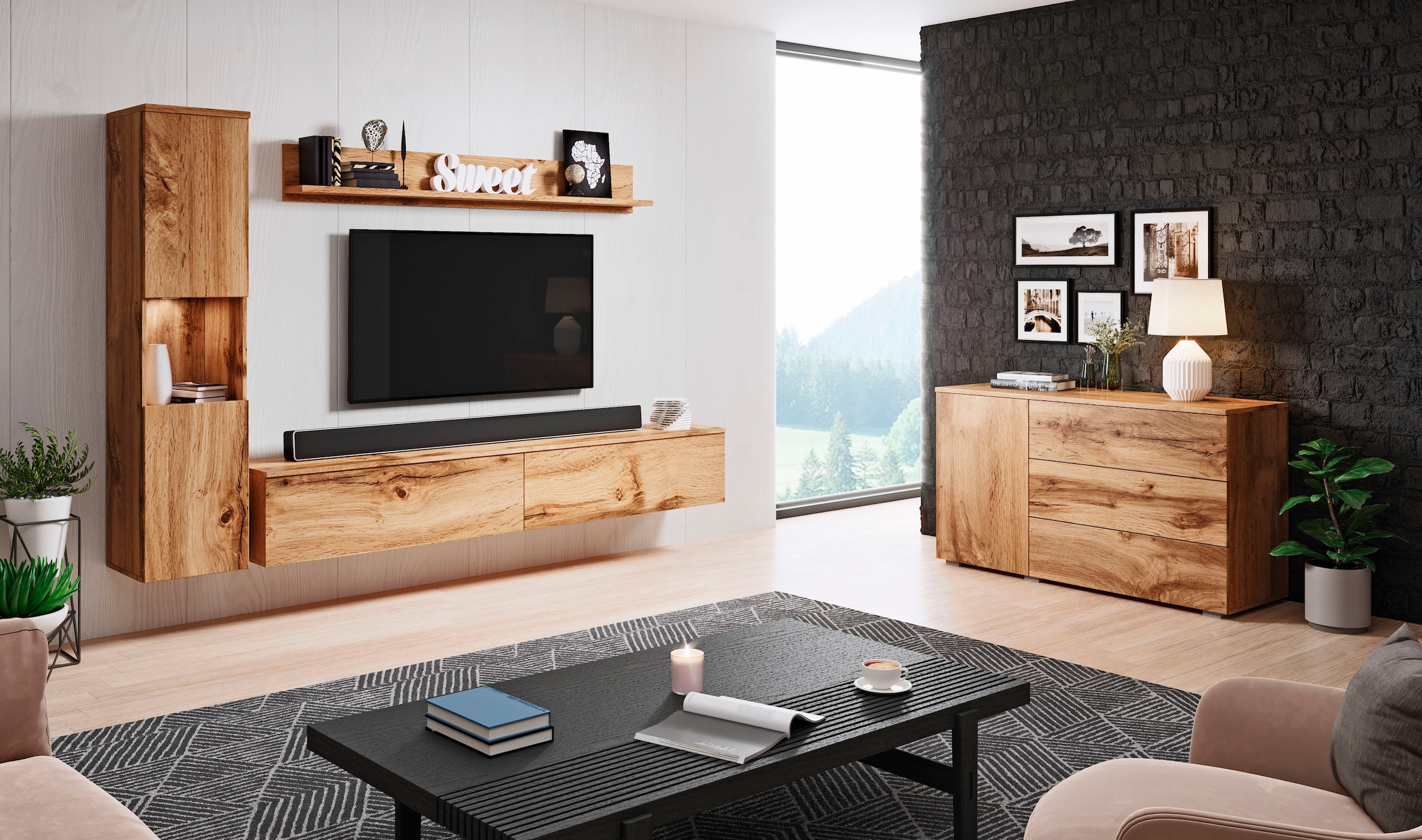 INOSIGN Wohnwand »PARIS, Vitrine Türanschlag links/rechts wechselbar«, (Komplett-Set, 3 St.), grifflose Design, stehend und hängend montierbar