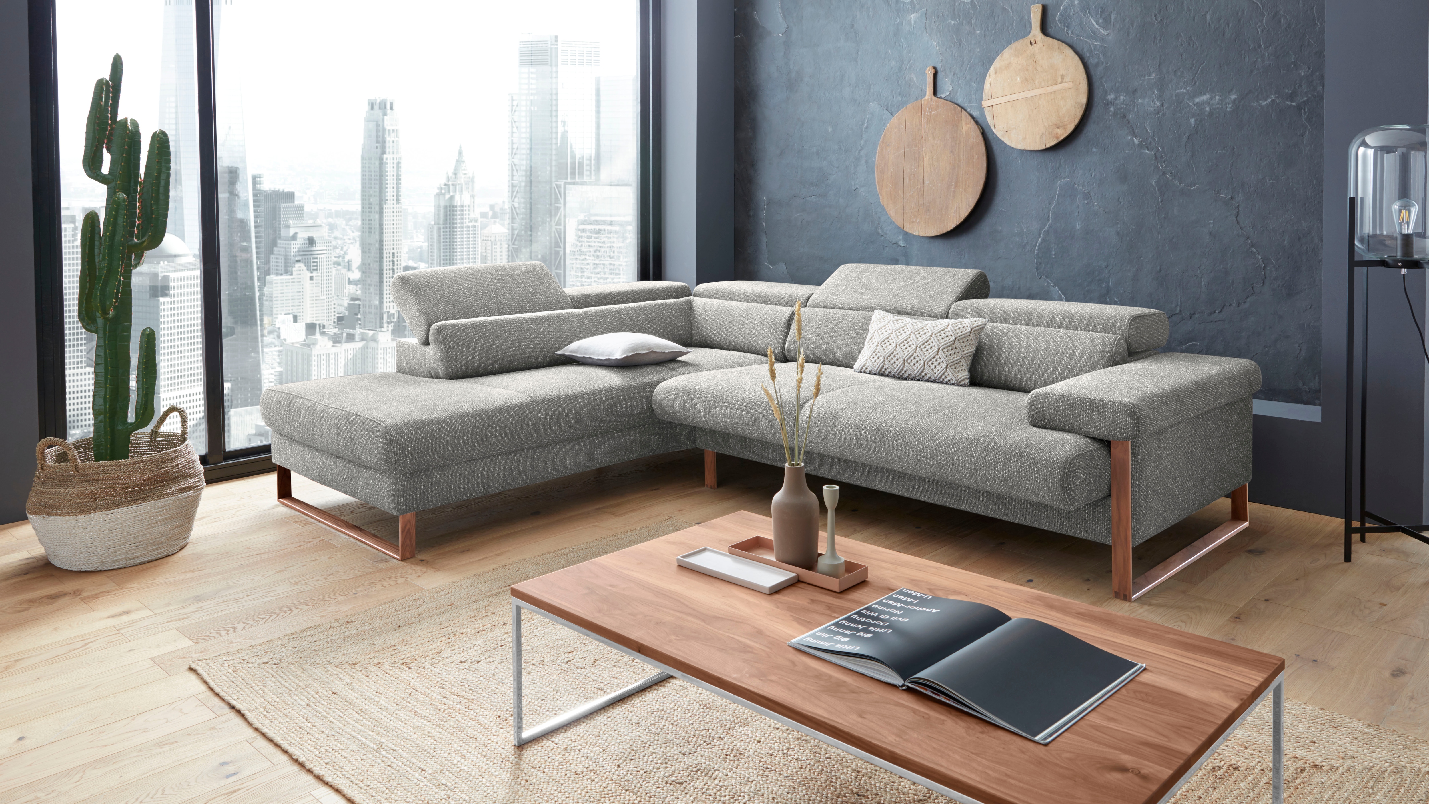 W.SCHILLIG Ecksofa "finn, Designsofa mit tollem Sitzkomfort, bequem, L-Form" German Design Award 2016, Fußgestell Nussbaum natur, Breite 281 cm