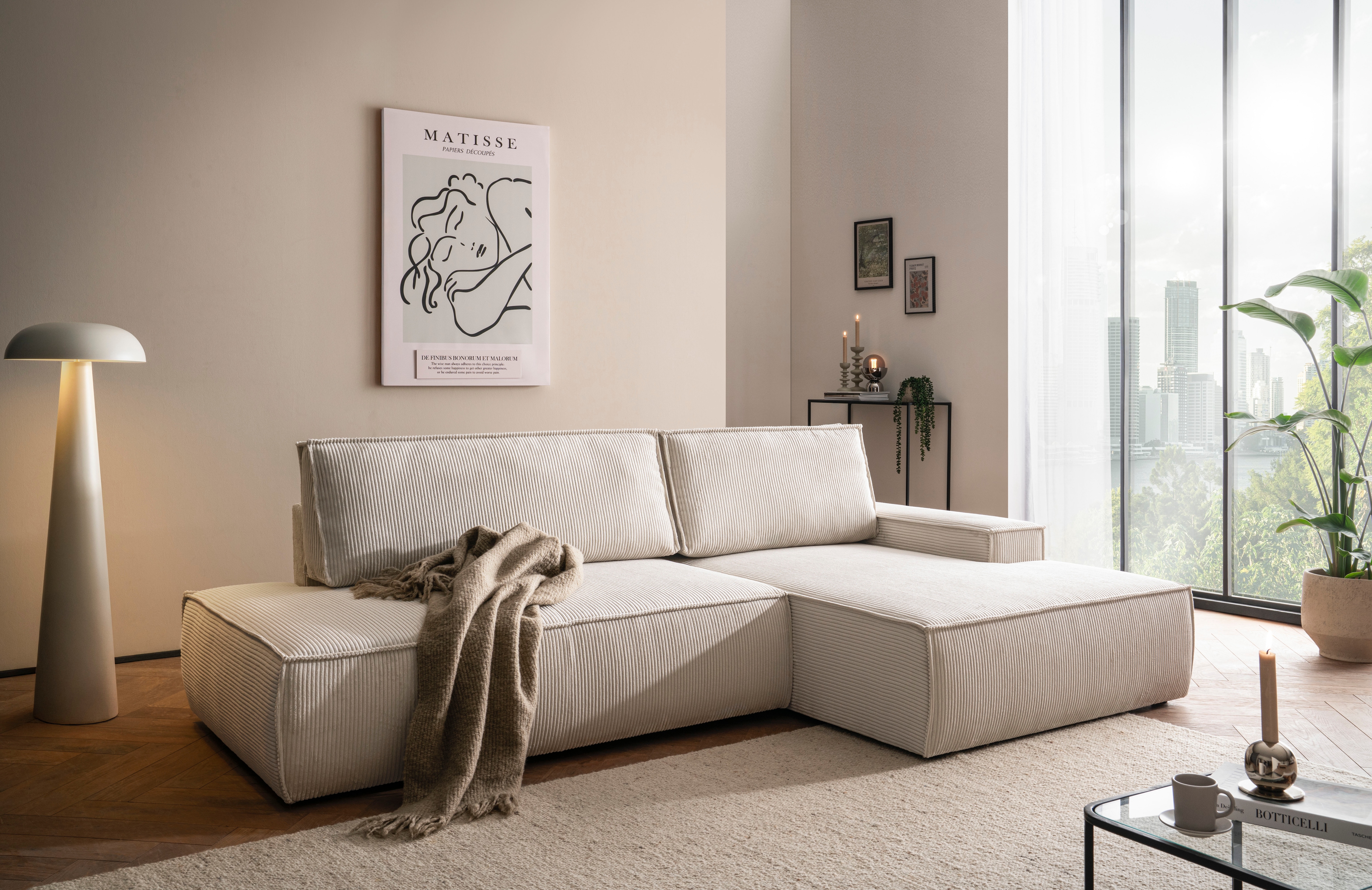OTTO home Ecksofa "SHERWOOD Cord Schlafsofa in L-Form offen (275cm)" Schlaffunktion und Bettkasten, Kedernaht, hoher Sitz- & Liegekomfort