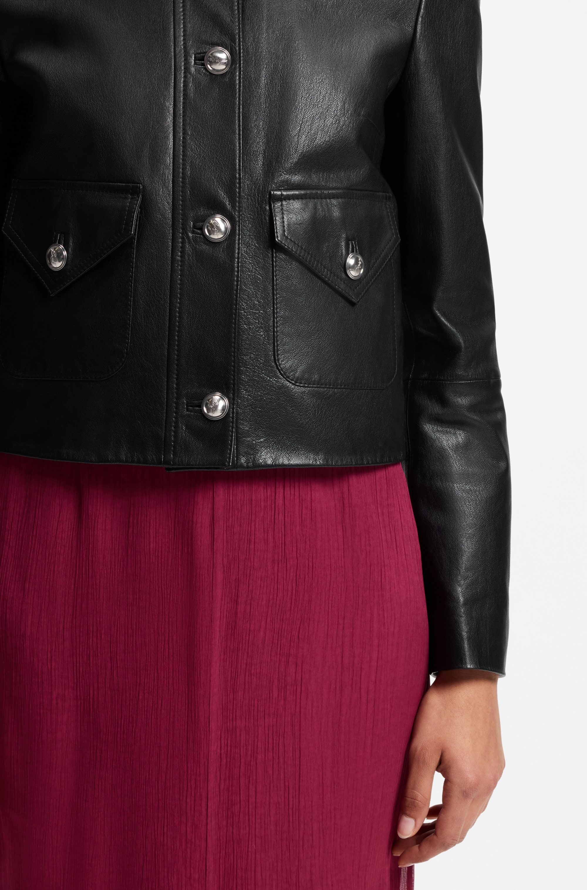 BOSS ORANGE Lederjacke »Sakara Premium Damenmode« mit Spitzkragen und Pattentaschen, Regular Fit