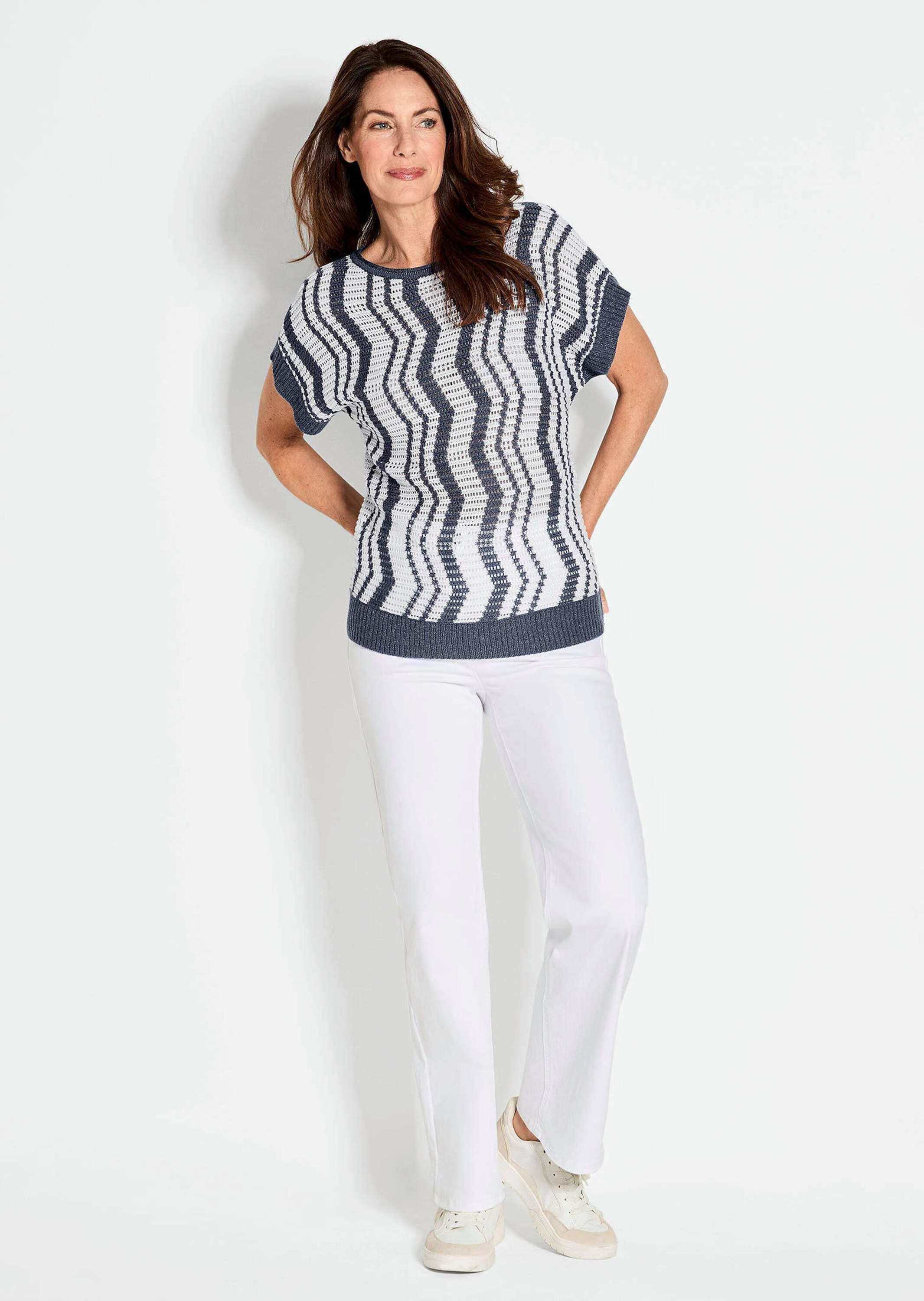 GOLDNER Rundhalspullover "Kurzgröße Halbarmpullover mit Lochstruktur" Rippe günstig online kaufen