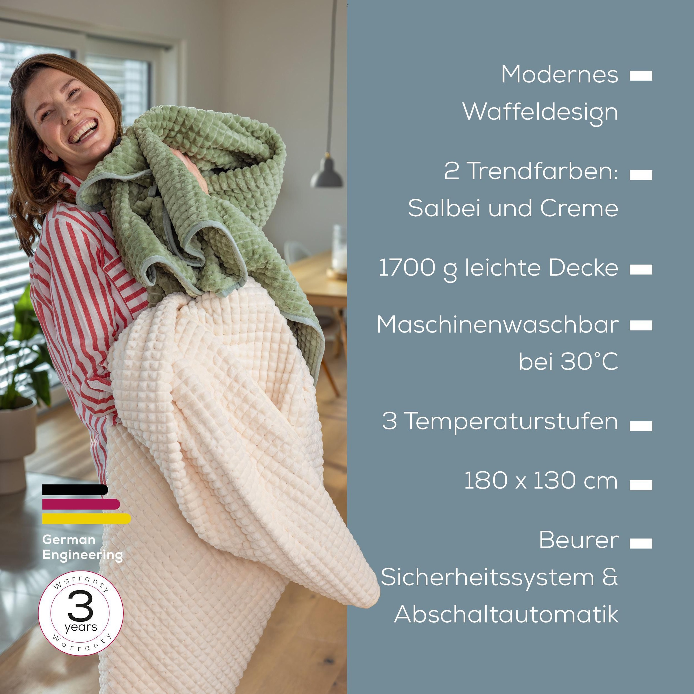 BEURER Heizdecke »HD 72 Waffle Sage Green mit 3 Temperaturstufen« Voluminöser Effekt und elegantes Design durch Waffelstruktur