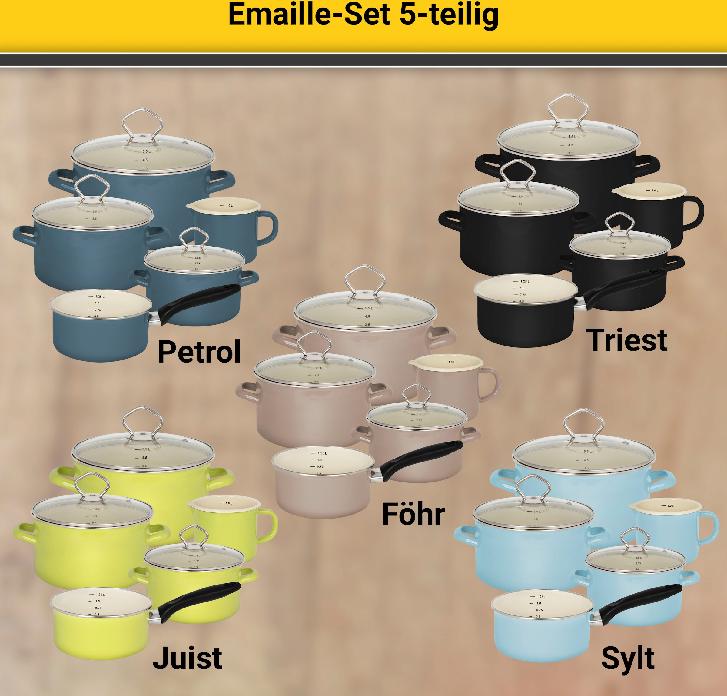 Krüger Topf-Set »Juist«, Emaille, (Set, 8 tlg., Fleischtopf 16/20/24 cm, Milchtopf 12 cm, Stieltopf 16 cm), Induktion