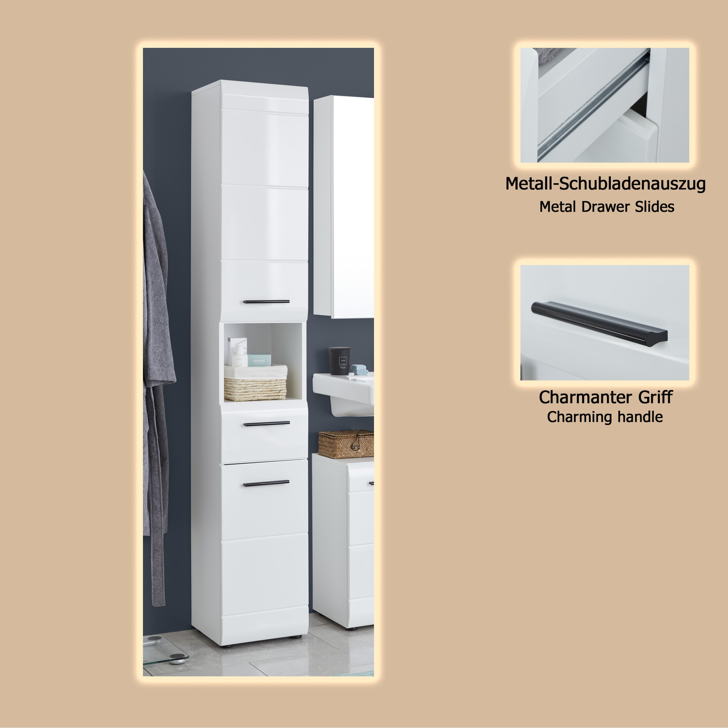 welltime Hochschrank »Sovana«, Badschrank mit einer Schublade und 5 Fächern - (B/T/H) 30/31/182 cm
