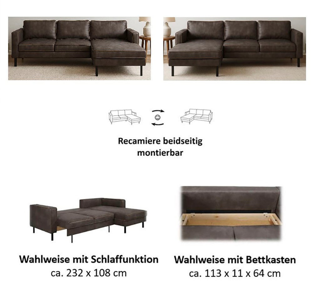 Places of Style Ecksofa »Watkins, wahlweise mit Schlaffunktion/Bettkasten, moderne offene Naht«, Recamiere beidseitig montierbar, L-Form, Breite 232 cm
