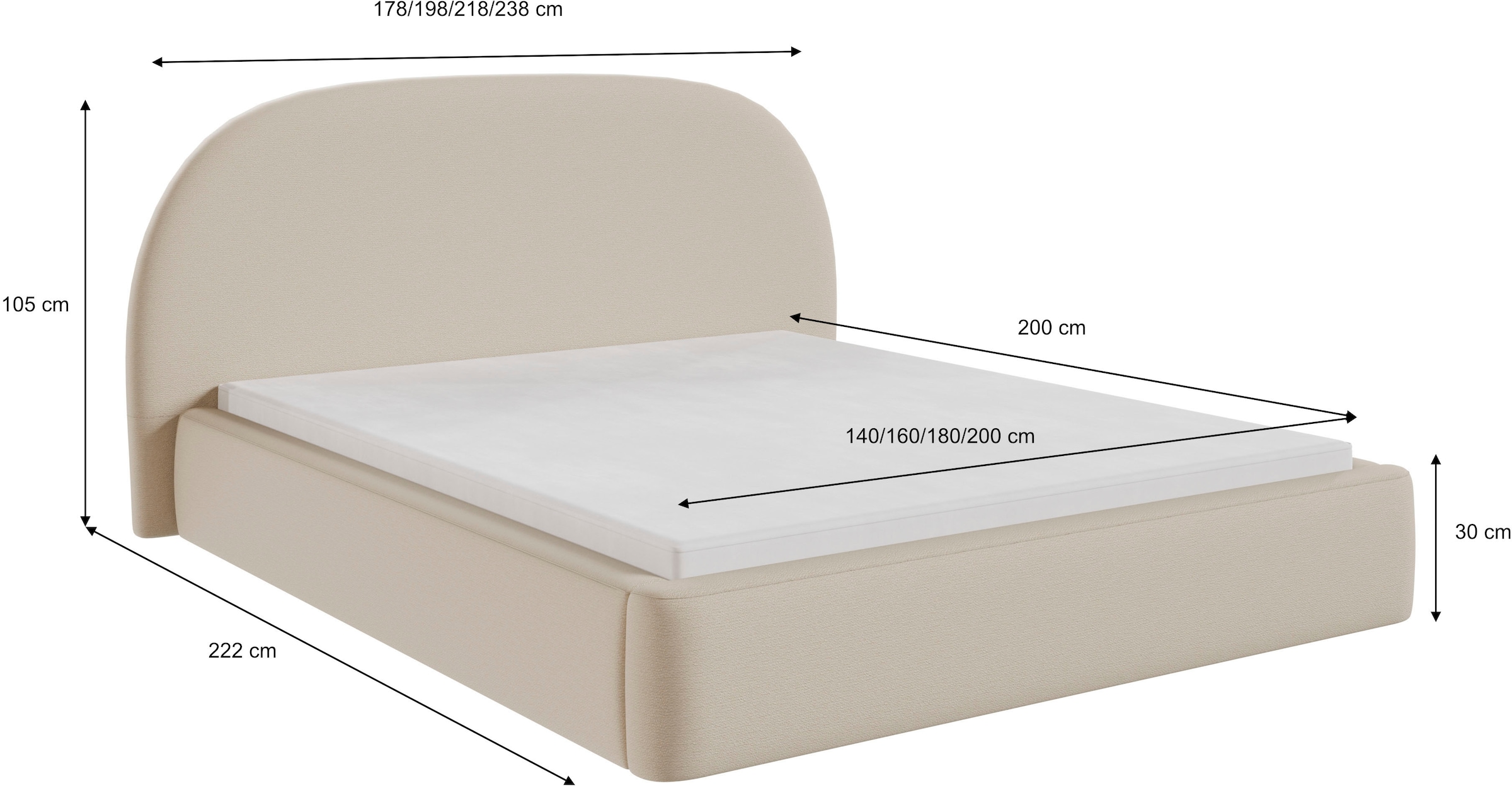 FORTE Polsterbett »AURA erhältlich in den Breiten 140cm, 160cm & 180cm, inkl. Bettkasten« abgerundetes Kopfteil