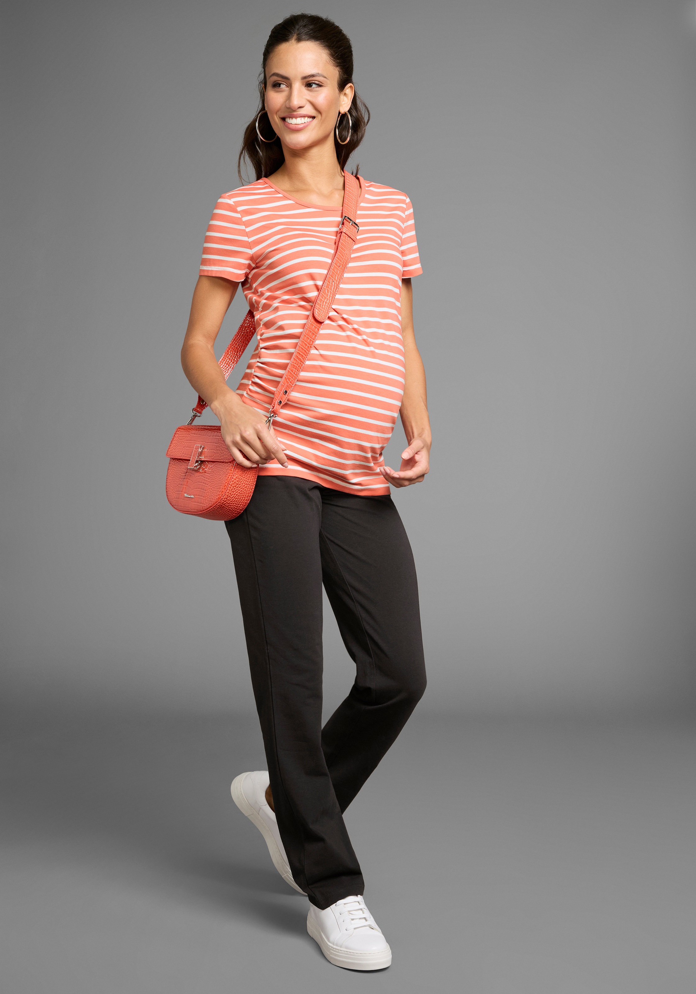 Umstandsshirt NEUN MONATE "2tlg. Set: T-Shirt+Leggings", Damen, Gr. 44/46, schwarz (aprikot geringelt, schwarz), Jersey, Obermaterial: 95% Baumwolle, 5% Elasthan, geringelt, figurbetont, Rundhals, Shirts Umstandsshirt, Komplett Outfit für die Schwangersch 3