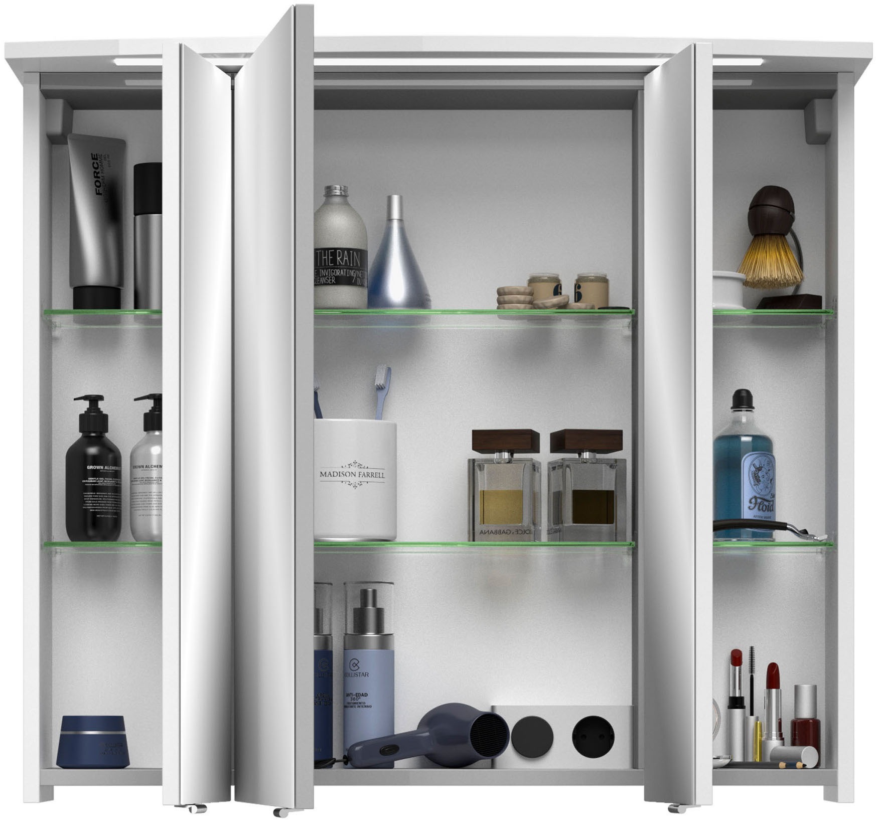 Saphir Badezimmerspiegelschrank »Serie 4010 Badezimmer-Spiegelschrank inkl. LED-Beleuchtung im Kranz«, Badschrank 82 cm breit, 3 Türen, 6 Glas-Einlegeböden, inkl Türdämpfer