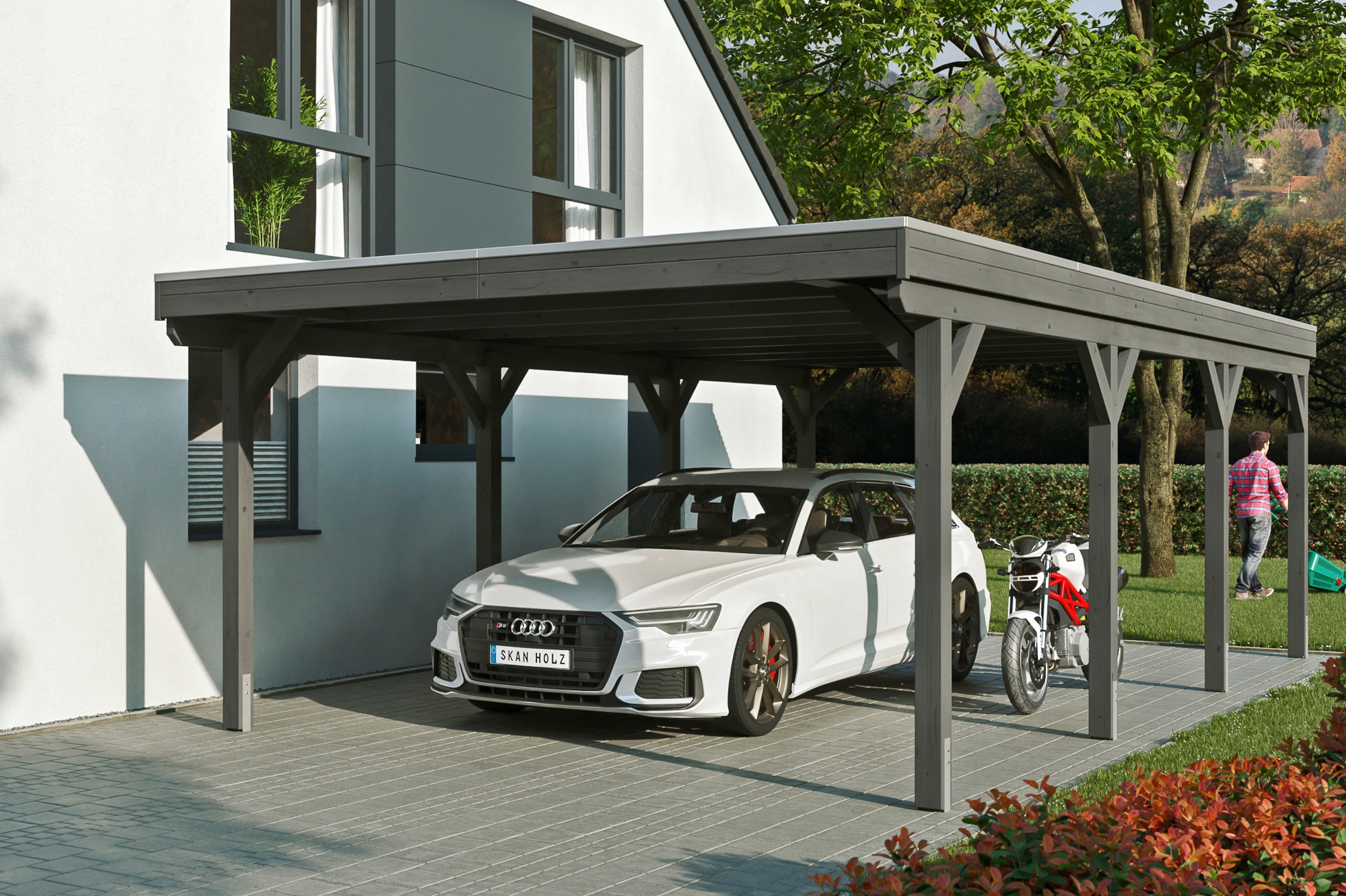 Skanholz Einzelcarport "Grunewald", Leimholz-Nordisches Fichtenholz, dunkelgrau, mit Aluminiumdach