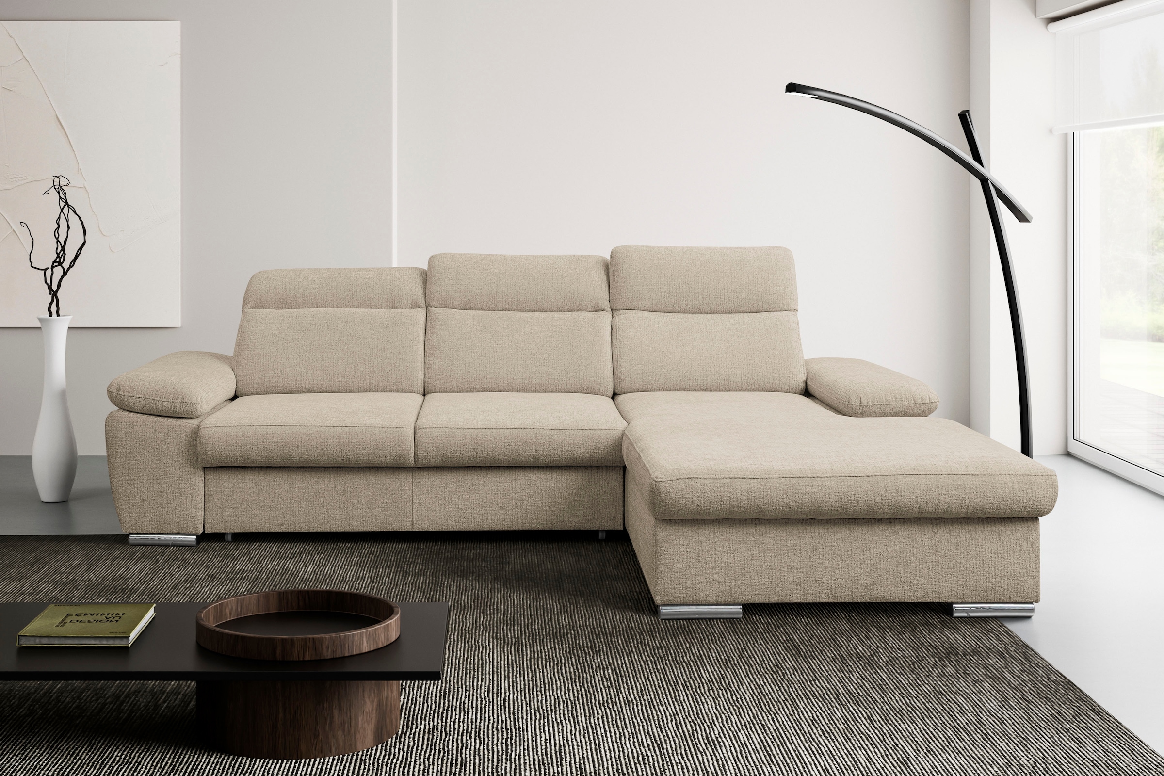 WERK2 Ecksofa "Palma 282 x 185 cm modern und bequem" Chenille, L-Form, XXL, Schlaffunktion, Bettkasten
