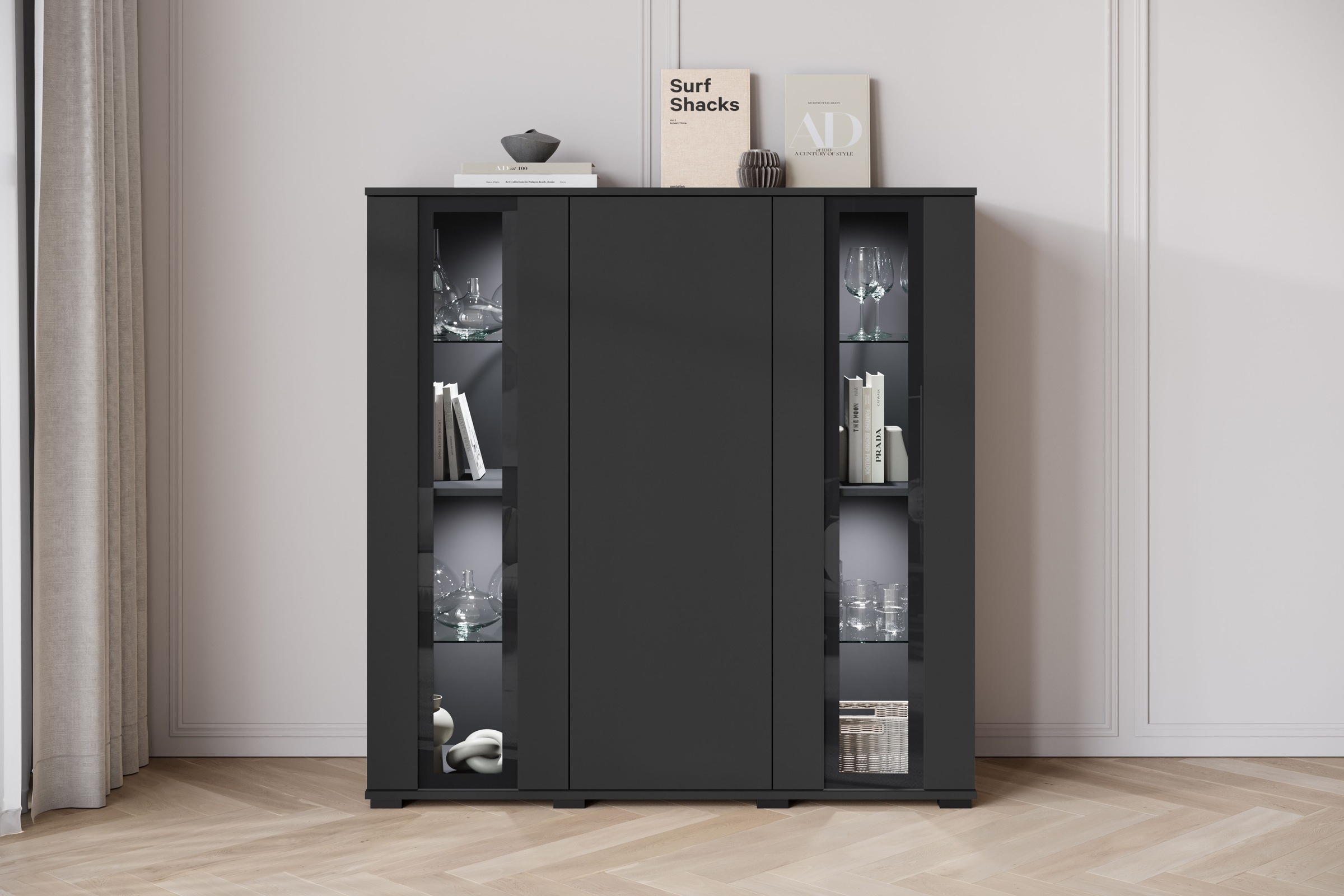 Thumbnail - Home affaire Highboard "Caro, modernes Design mit Glaseinsätzen, Breite 120 cm" 1 Stk. tlg. grifflose Fronten mit Push-t...
