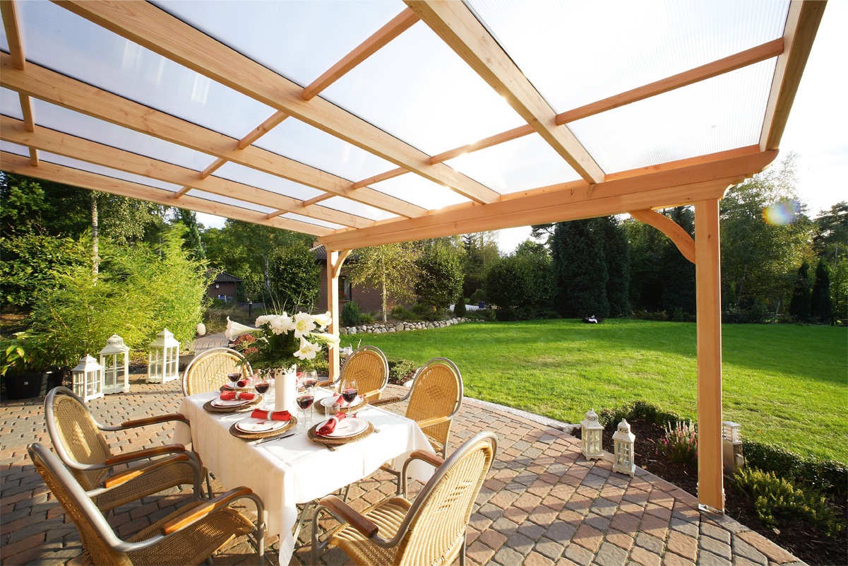 Terrassendach SKANHOLZ "Ravenna", braun (nussbaum), B:648cm T:300cm, Polycarbonat (PC), Terrassenüberdachungen, Douglasie 3