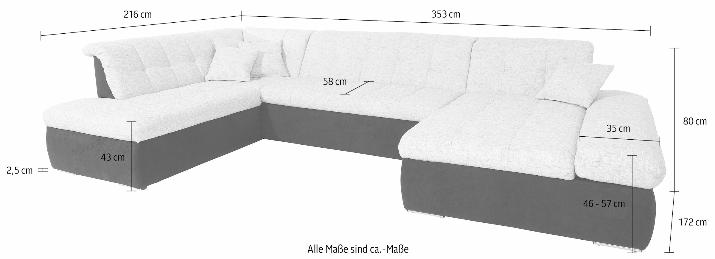 DOMO collection Wohnlandschaft »PB Moric wahlweise mit Bettfunktion und Armteilverstellung  U-Form«, XXL-Format B/T/H: 353/216/80 cm, feine Steppung, incl. Zierkissen