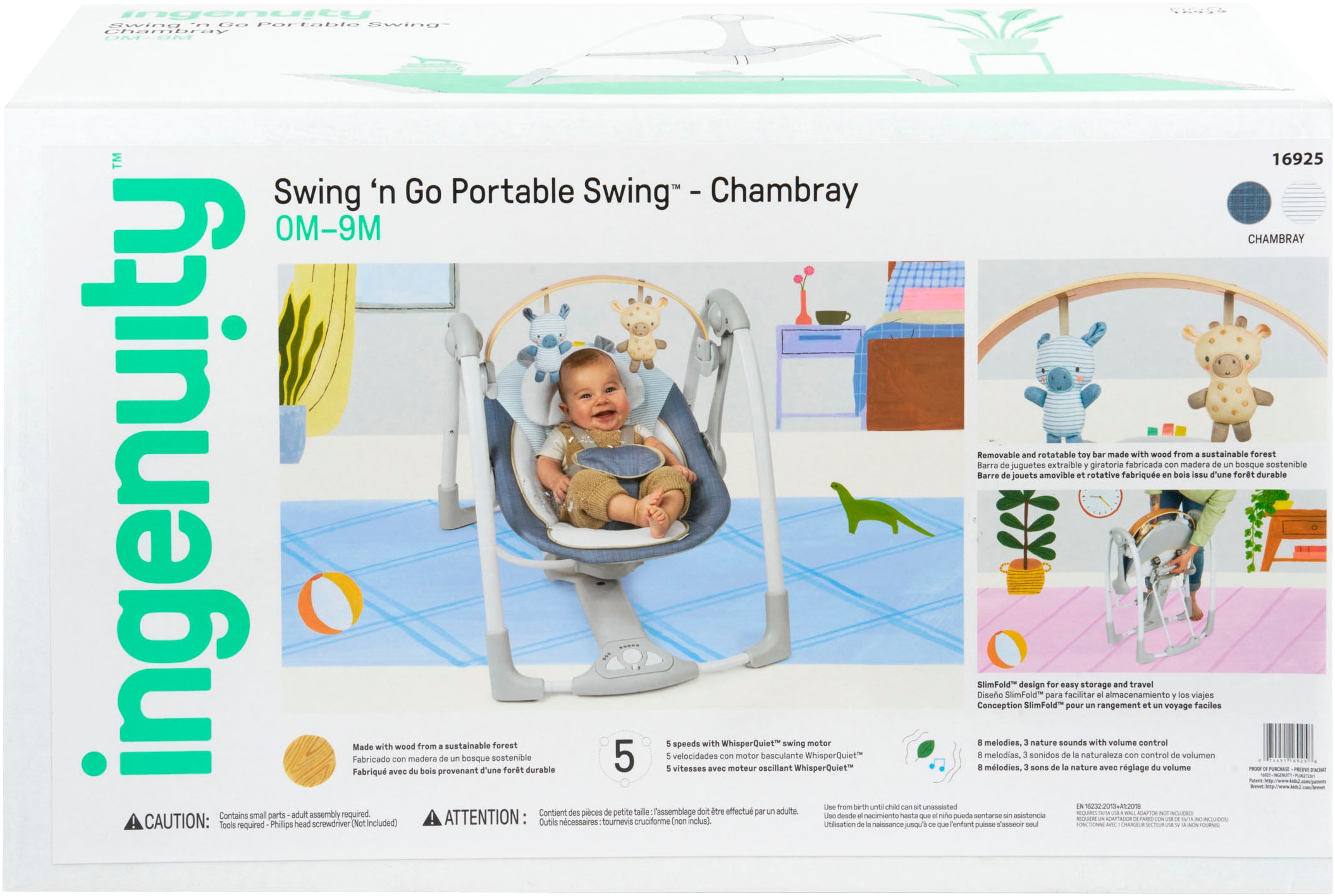 ingenuity Babywippe »Swing 'n Go Portable Swing™ - Chambray«, bis 9 kg, mit Melodien und Geräuschen