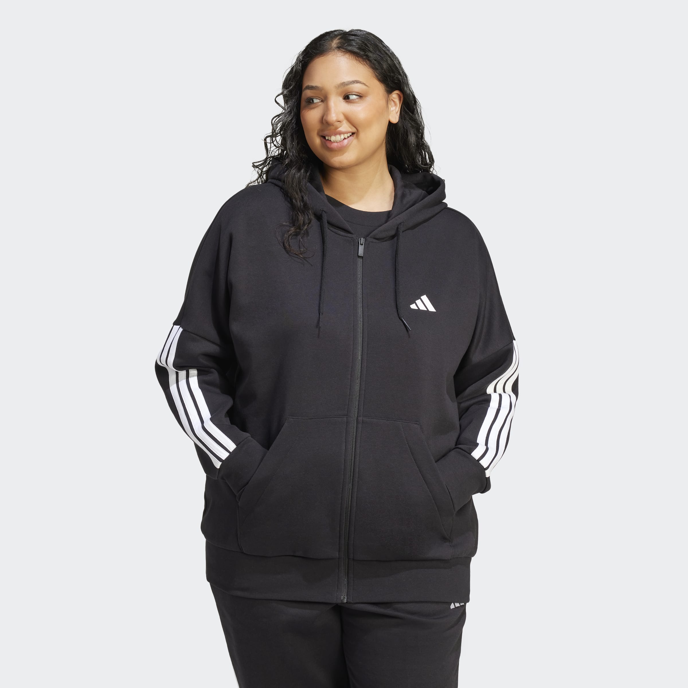 adidas Sportswear Kapuzensweatjacke "ESSENTIALS 3-STREIFEN FULL-ZIP FLEECE (GROSSE GRÖSSEN)" mit Kapuze, in normaler Länge