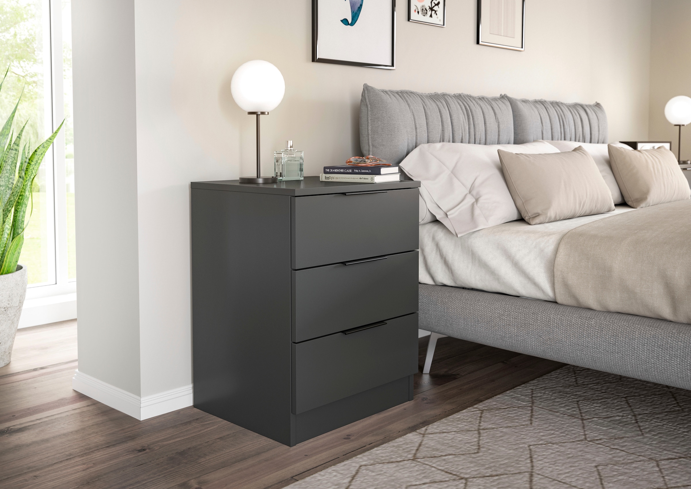 Home affaire Nachtkommode »Skarde 2 Nachttische, jeweils Breite: 45 cm« Set, Sie bekommen 2  Nachttische im Set, 2 Stk. tlg. Skarde, 2er Set Nachtkommoden, 3 Schubkästen, anthrazit