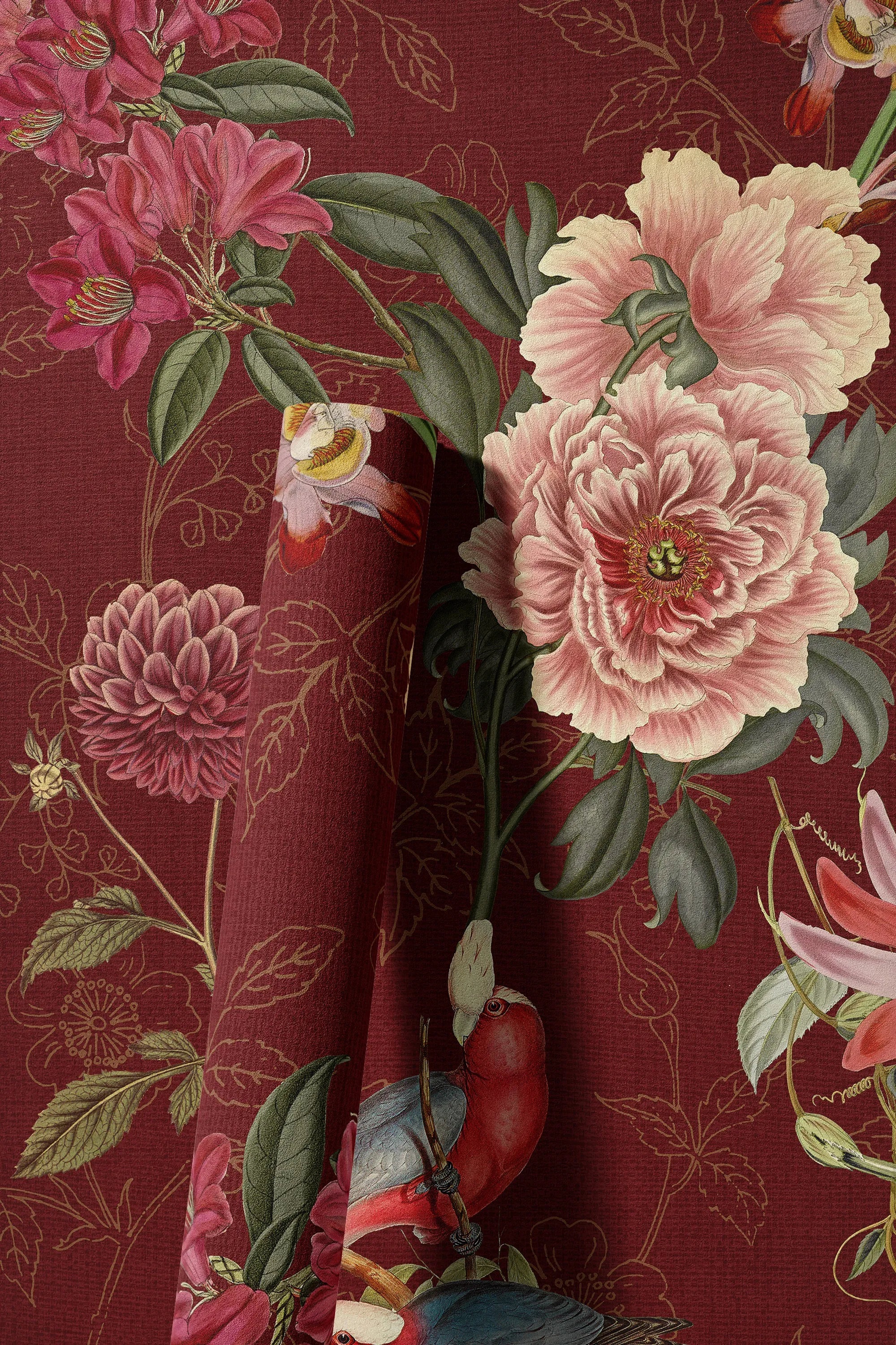 living walls 1100000002199 »LIMITED – Vintage Rosen Fototapete« floral | naturalistisch | ornamental leicht strukturiert Üppige Rosenblüten auf dunklem Grund im Vintage-Stil