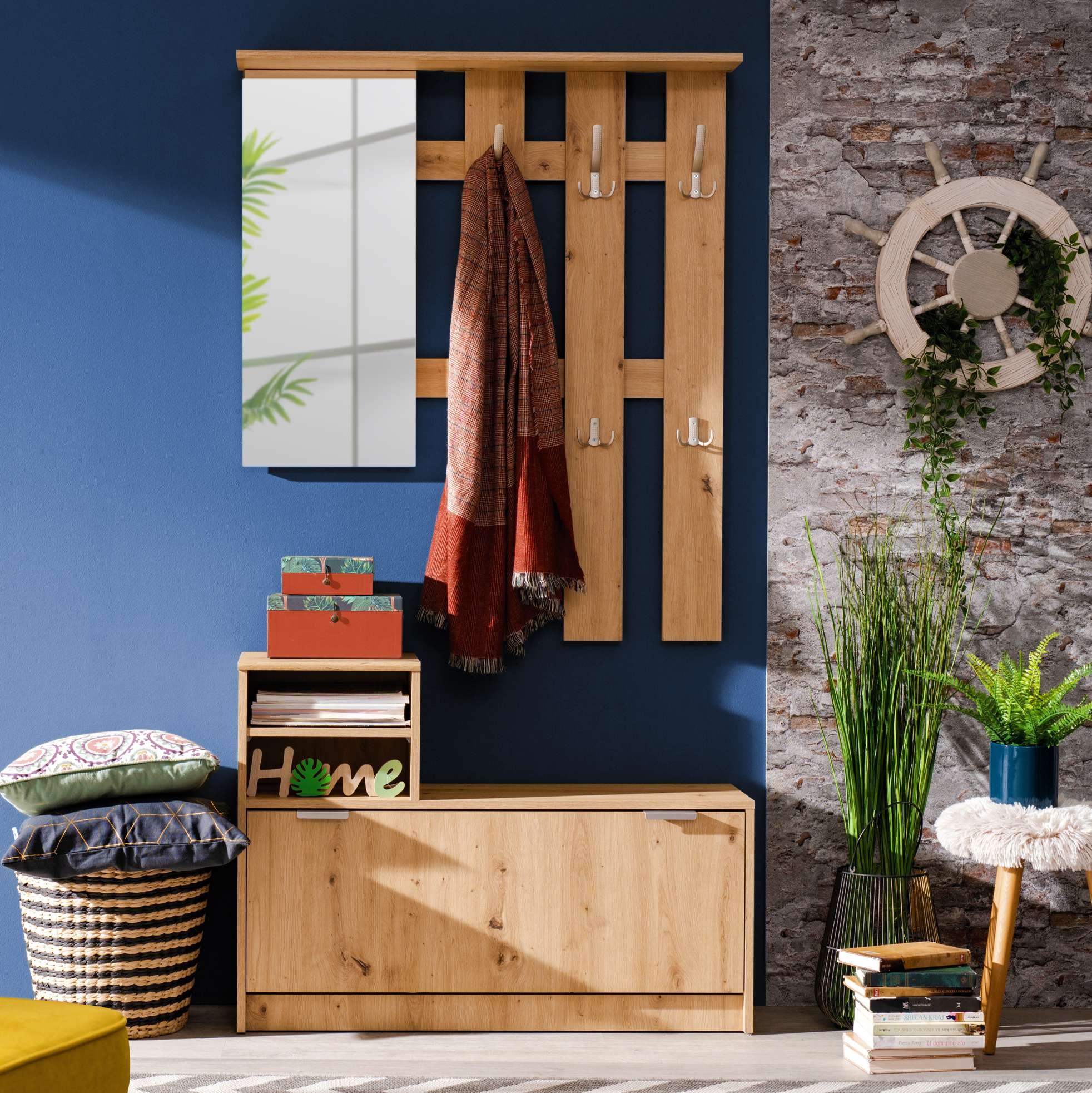 INOSIGN Garderoben-Set »Ravenna Flurgarderobe, Dielenschrank, Kompaktgarderobe, Breite 100 cm«, (Komplett-Set, 2 St.), inkl. Schuhschrank und Garderobenpaneel, mit Klapptür, Spiegel, Haken