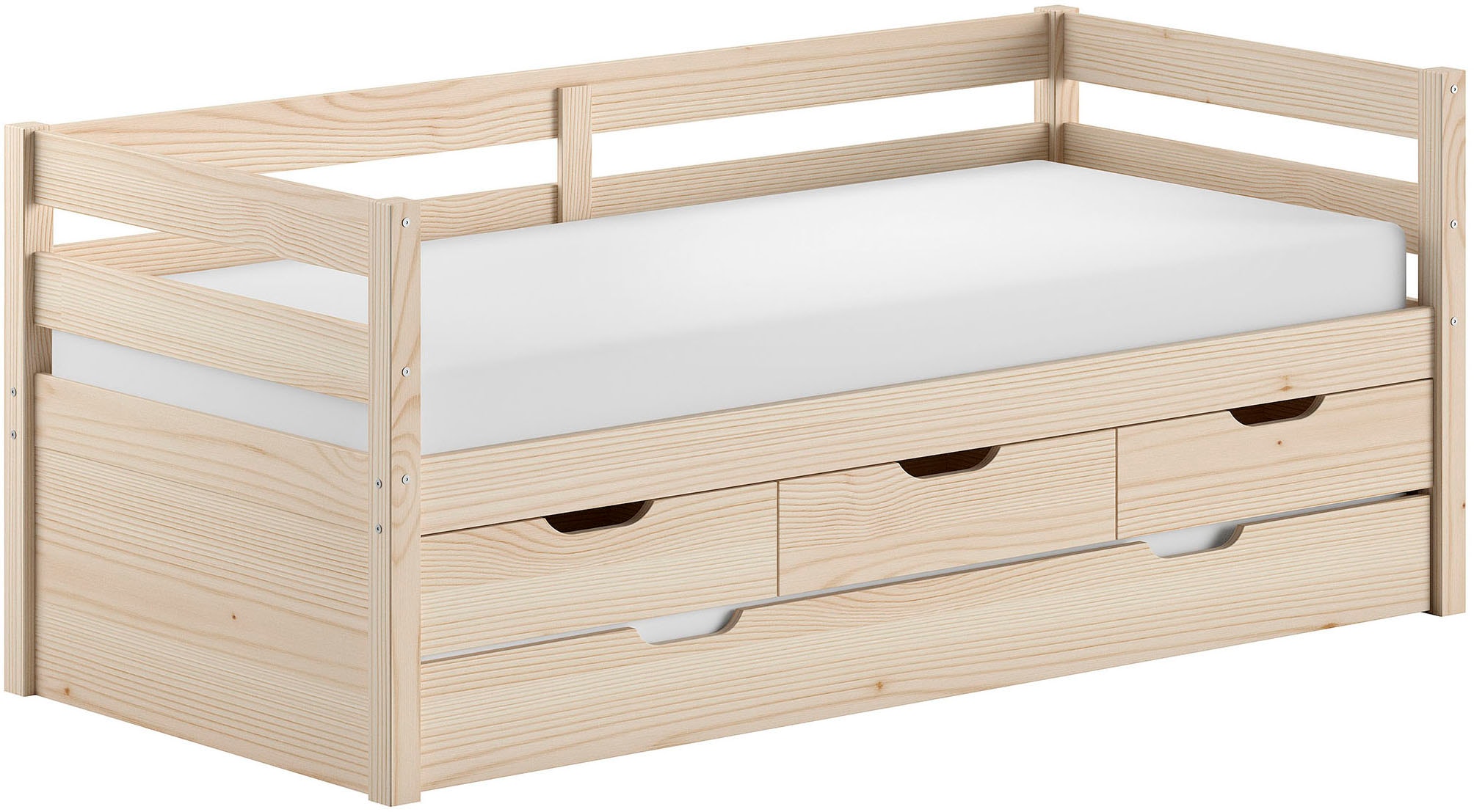 Vipack Funktionsbett »Margrit mit Bettschublade, in zeitlosem Design, universell einsetzbar« Liegefläche 90 x 200 cm, inkl. Rolllattenrost und seitlichem Umbau,  Massivholzbett mit 3 Schubladen, wahlweise in 2 Farben erhältlich