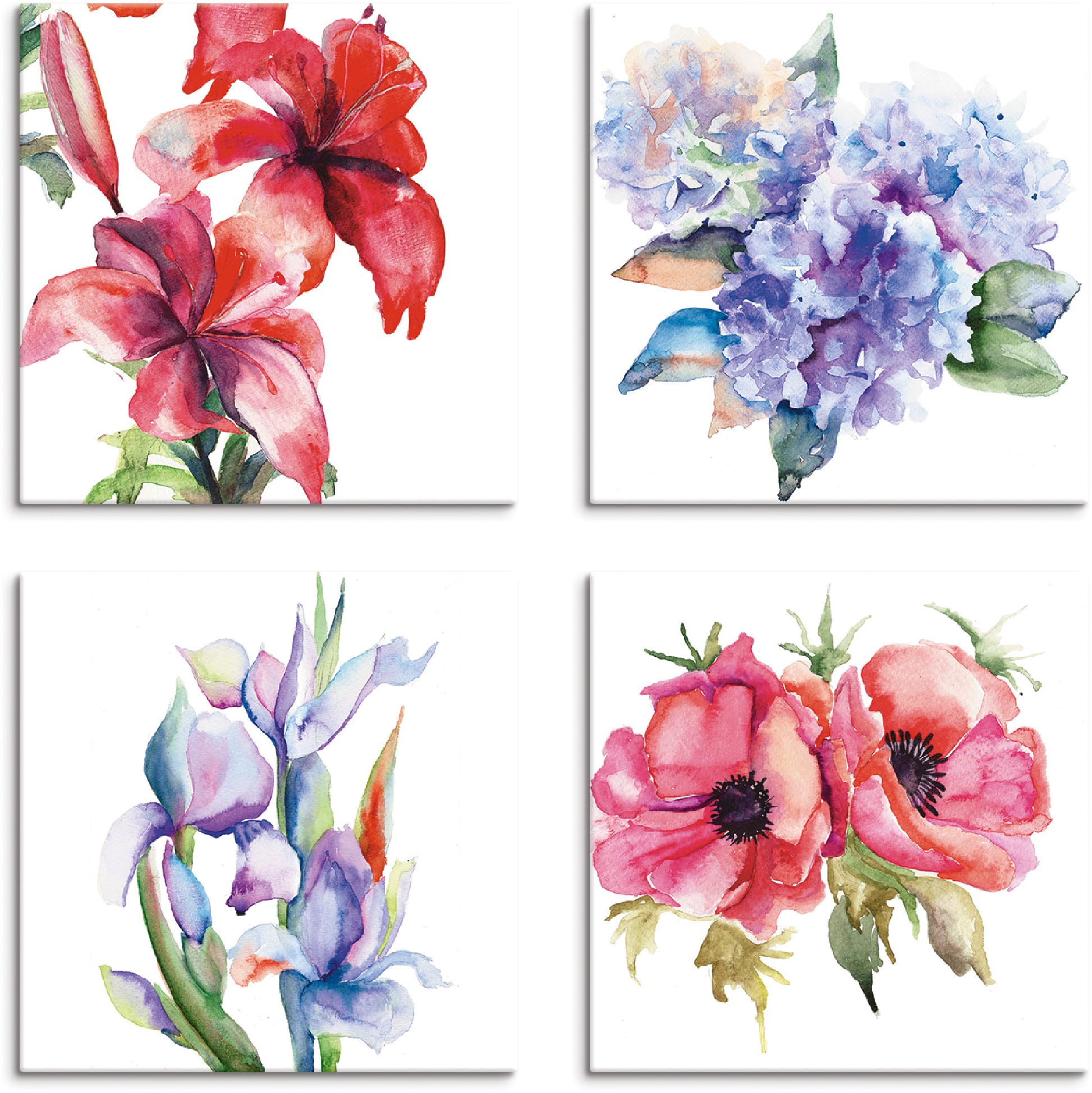 Leinwandbild »Lilien Mohnblumen Iris Hortensien«, Blumen, (4 St.), 4er Set,...