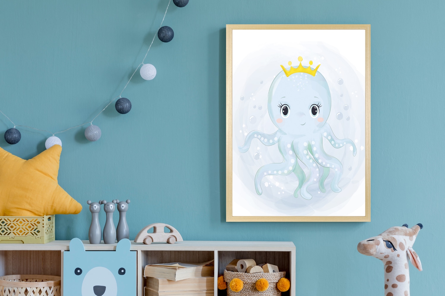 queence Bild mit Rahmen "Oktopus mit Krone" Fantasy Prinzessinnen Tiere Unterwasserwelt Wassertiere 1 Stk. tlg. HD Premium Posterdruck mit Echtholzrahmen