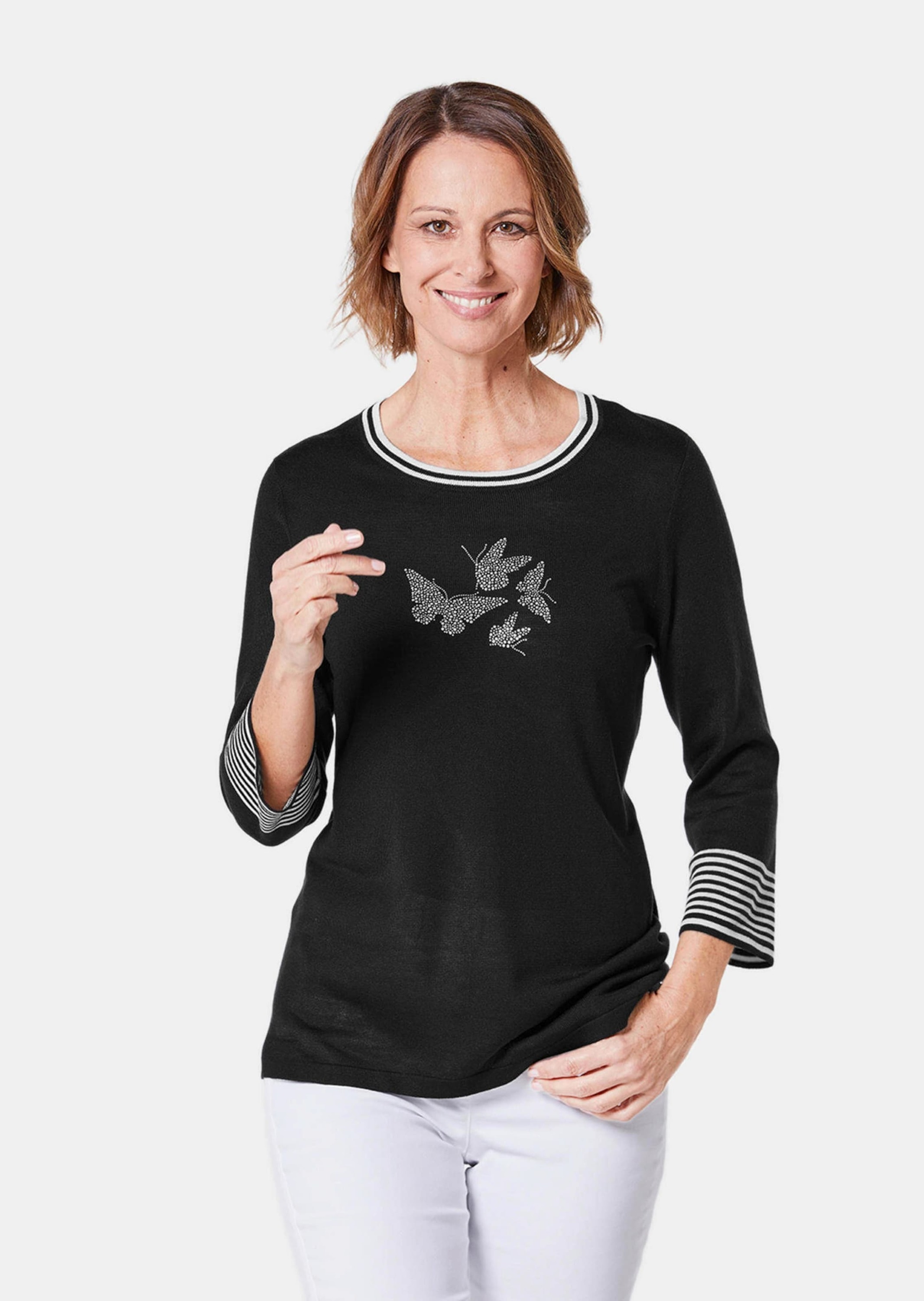 GOLDNER Rundhalspullover "Pullover mit femininem Motiv" geringelte Ärmelabs günstig online kaufen