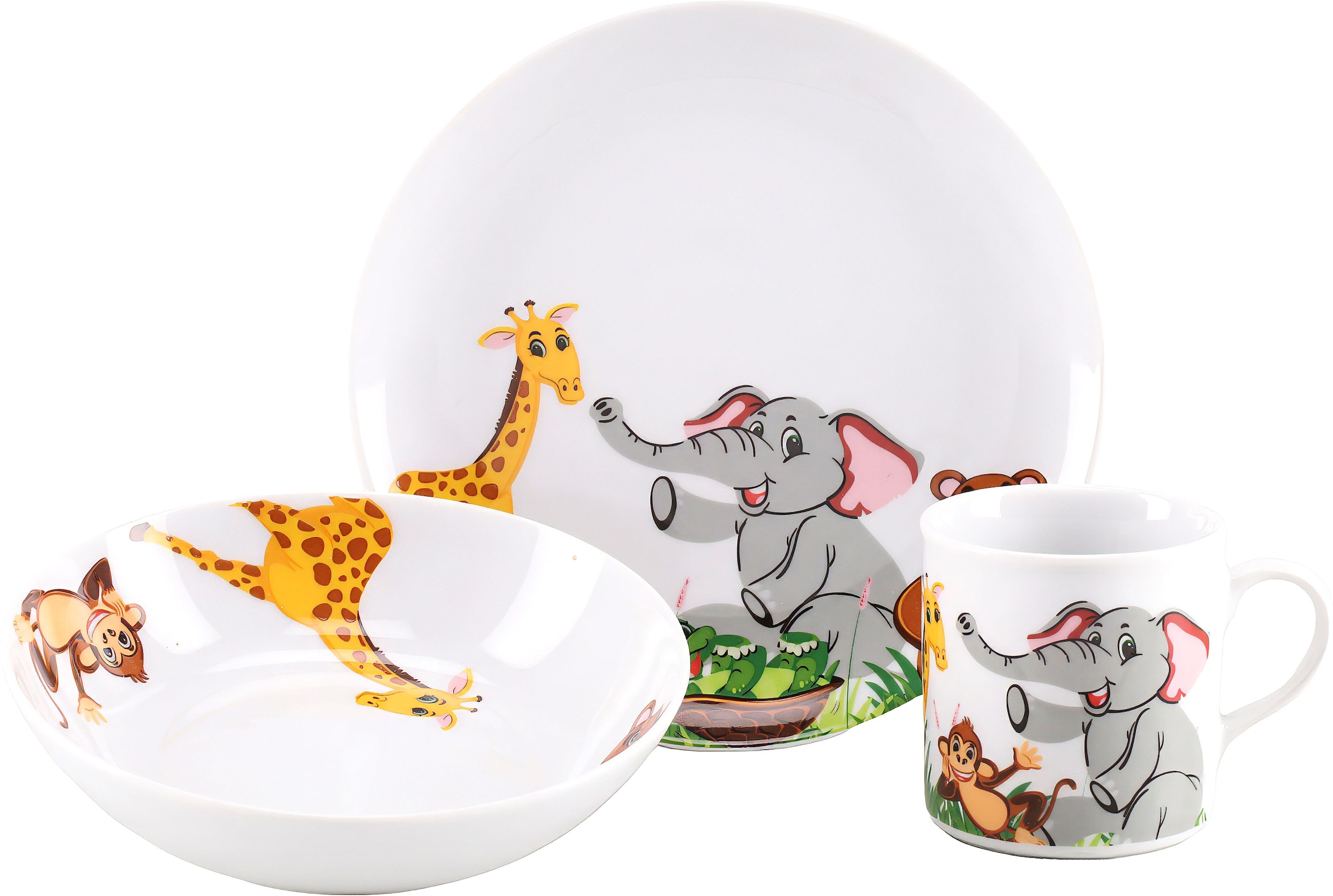 CreaTable Kindergeschirr-Set "Zoo" Dekor mit lustigen Zoobewohnern, Made in Europe, 3 Teile, für 1 Person