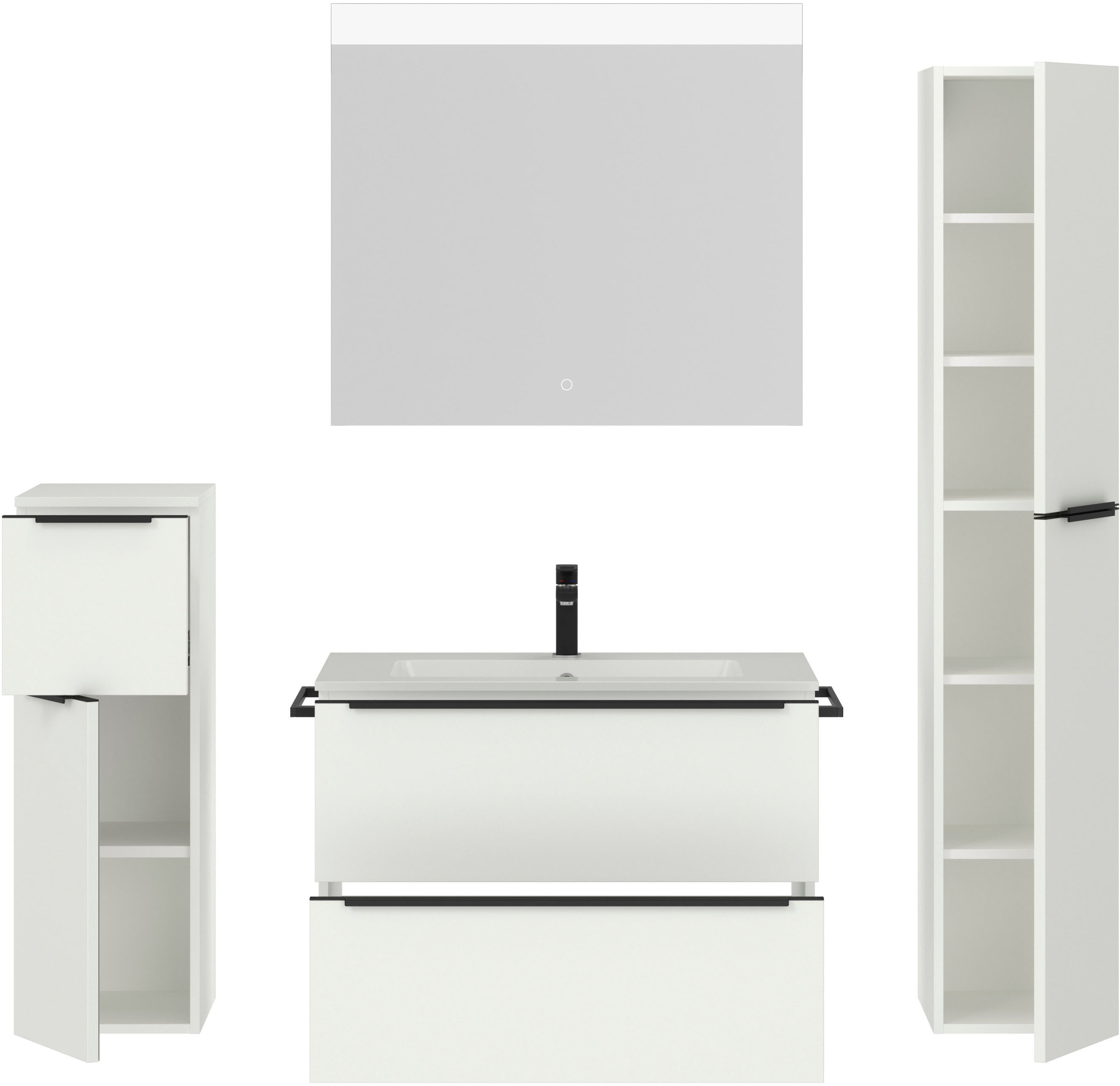 nobilia® Badmöbel-Set »Levere«, (4 St., vormontiert, mit Soft-Close), inkl. Spiegel mit Touch-Sensor, in vier Breiten