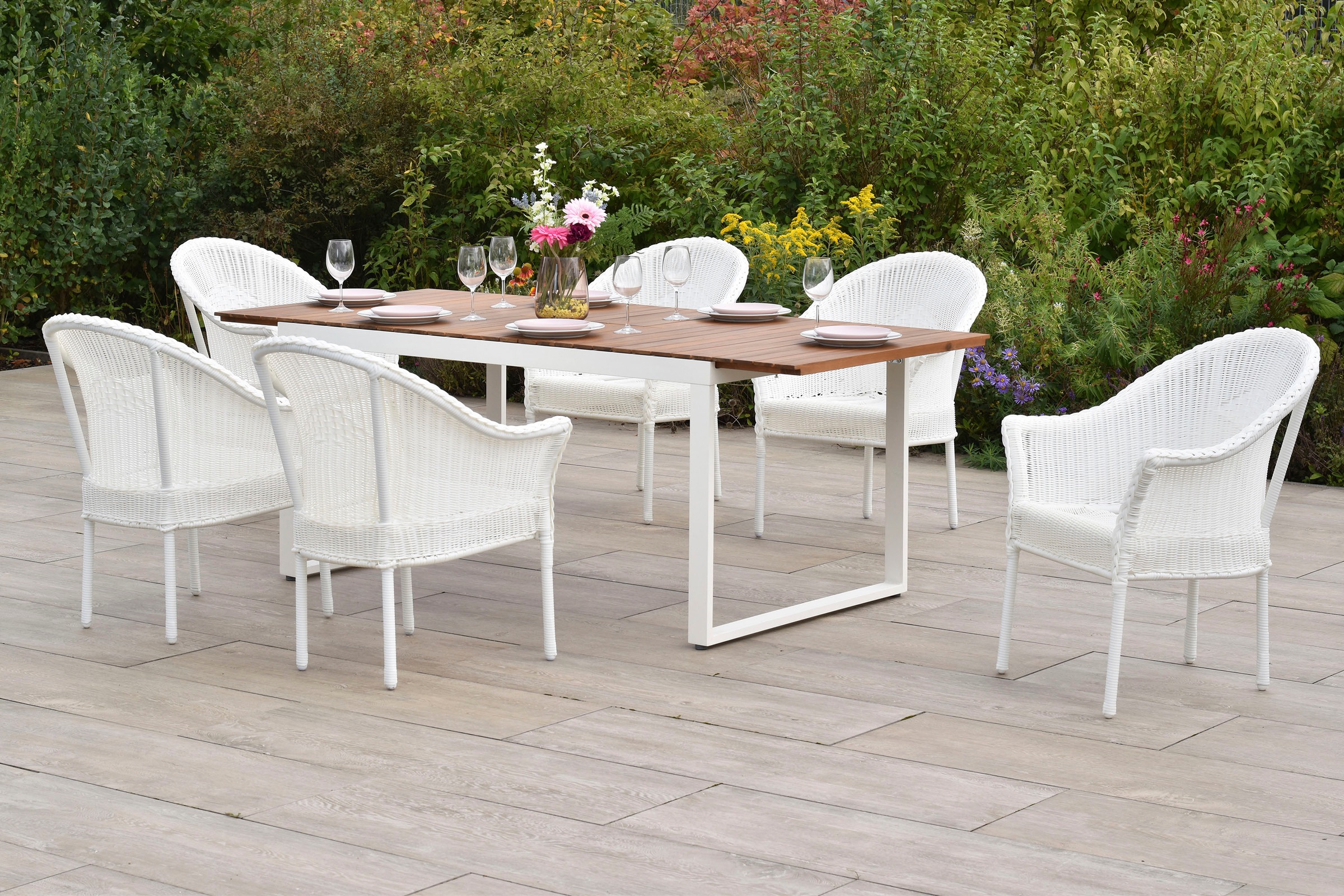 MERXX Garten-Essgruppe »Bamberg« Set, 7 tlg. inkl. 6 Stapelsessel, 1 Ausziehtisch