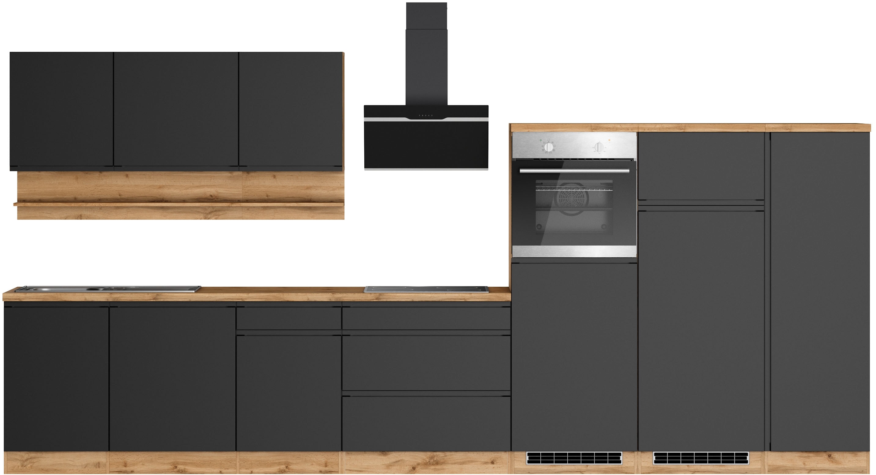 KOCHSTATION Küchenzeile "KS-Virginia,neu in verbesserter Ausführung" Arbeitsplatte 38 mm stark, Stauraum, Softclose, Breite 410 cm, Softclose, wahlweise mit E-Geräten und Induktion