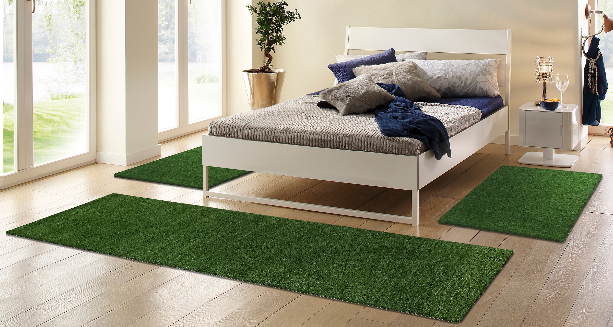 THEKO Bettumrandung »Gabbeh Uni, Handweb Teppich, meliert, reine Wolle« Höhe 14 mm 3 Stk. tlg. Bettvorleger, Uni-Farben, handgewebt, Läufer-Set, Schlafzimmer