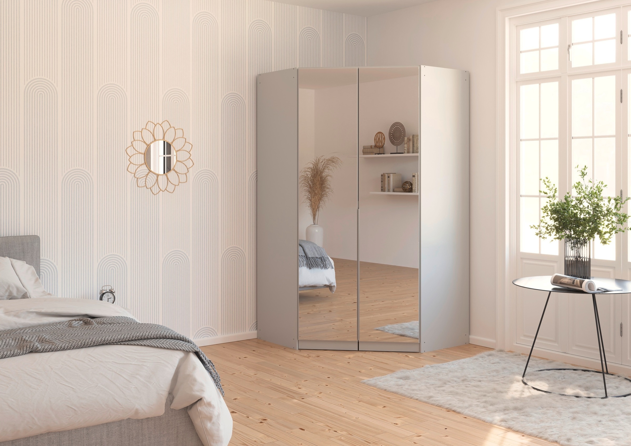rauch Eckkleiderschrank »Kleiderschrank Schrank Ankleidezimmer Schlafzimmer Garderobe AGORDO«, (in zwei Griff-Farben), mit Spiegeltüren, voll ausgestattet mit viel Stauraum MADE IN GERMANY