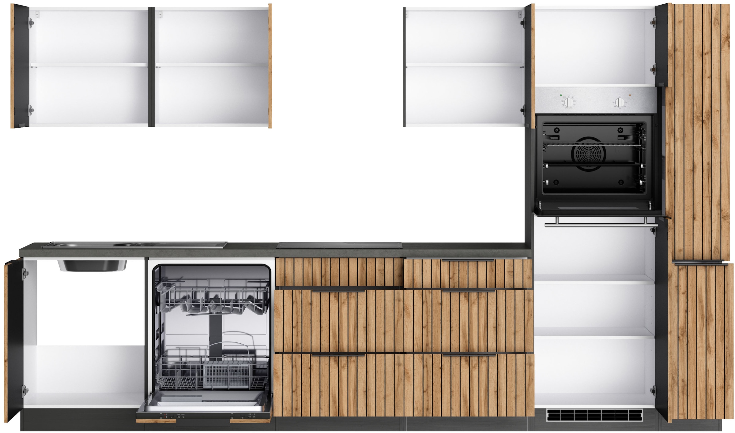 KOCHSTATION Küchenzeile »KS-Lagos, wahlweise mit E-Geräten, Spüle edelstahl oder schwarz«, Breite 330cm, Ceran-oder Induktionskochfeld,mit oder ohne Kühlschrank