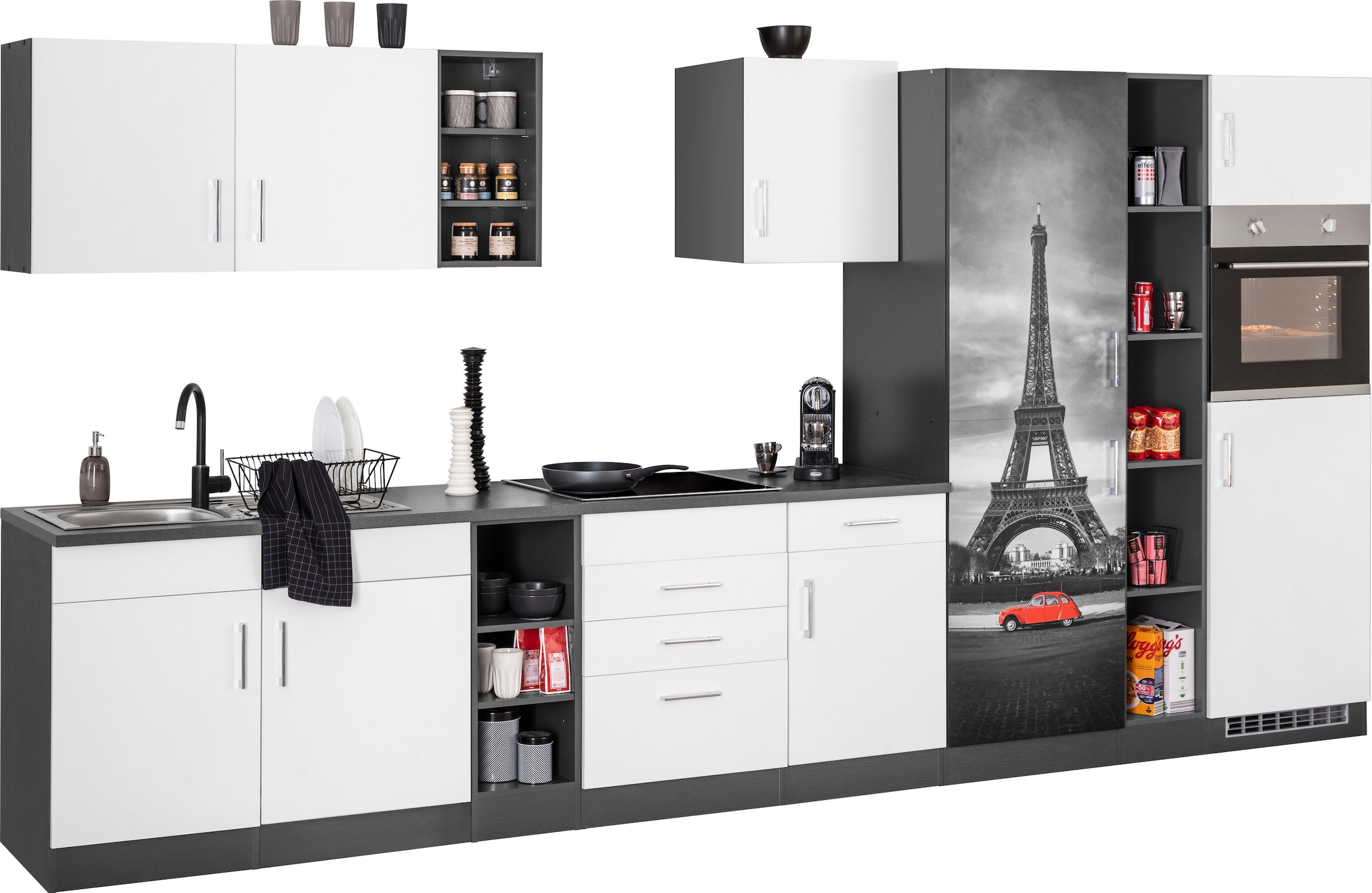 KOCHSTATION Küchenzeile »KS-Paris – Küchen mit einzigartigen Fotomotiven auf den Fronten« Breite 390 cm, wahlweise mit E-Geräten und Induktion