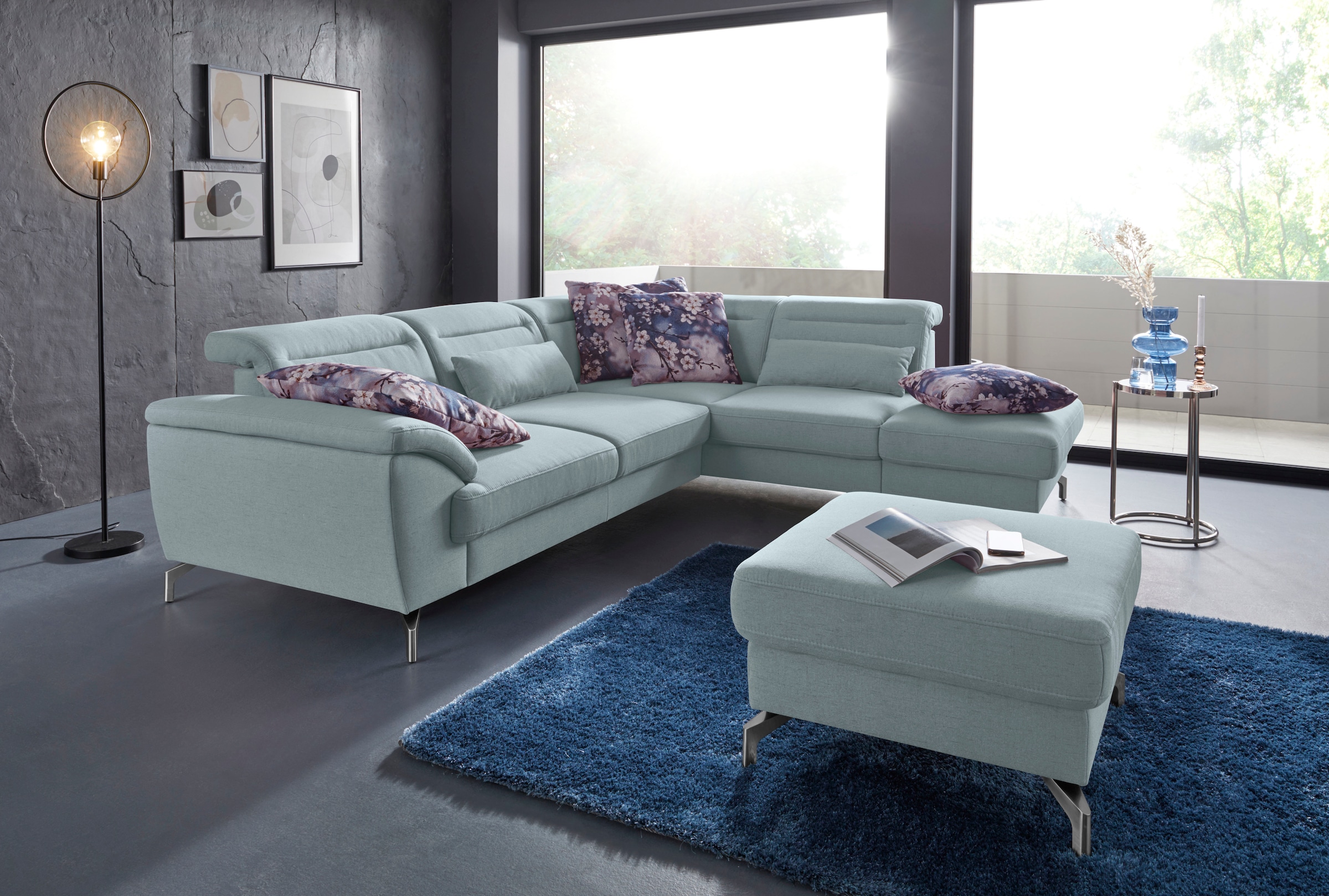 Ecksofa SIT & MORE "Percy L-Form", blau (aqua), B:270cm H:77cm T:235cm, Sofas, Ecksofa, 12 cm Fußhöhe, Sitztiefenverstellung, wahlweise in 2 Fußfarben