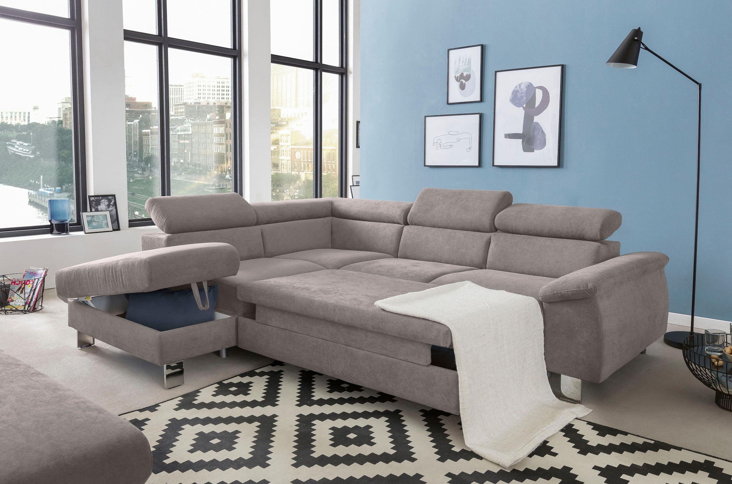 COTTA Ecksofa »Komaris L-Form mit Kopfteilverstellung«, wahlweise mit Bettfunktion, Bettkasten & Beleuchtung