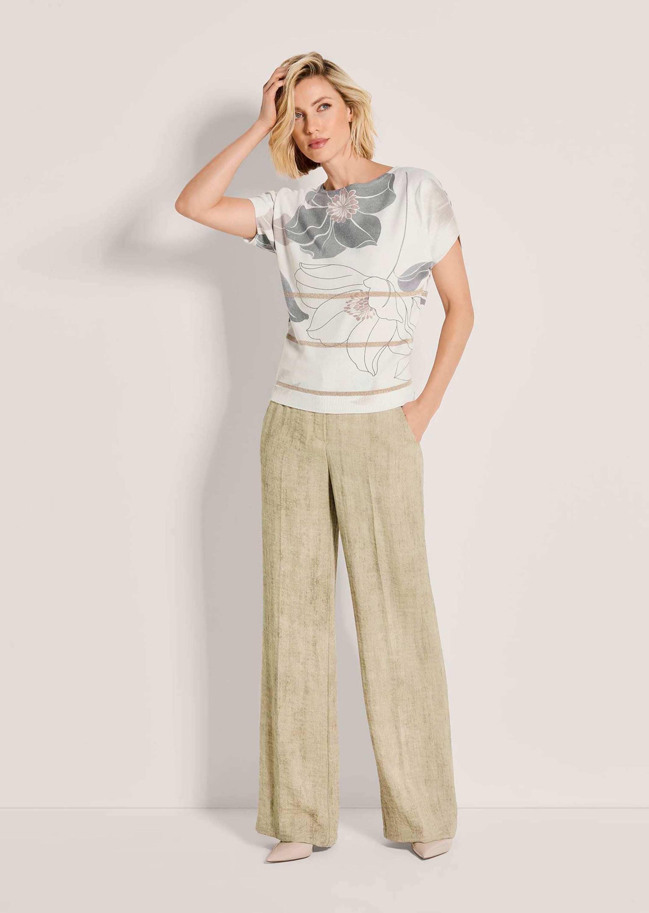 MADELEINE Longpullover »Feinstricktop Glanz-Top mit Blütenmuster« schimmernde Kontraststreifen