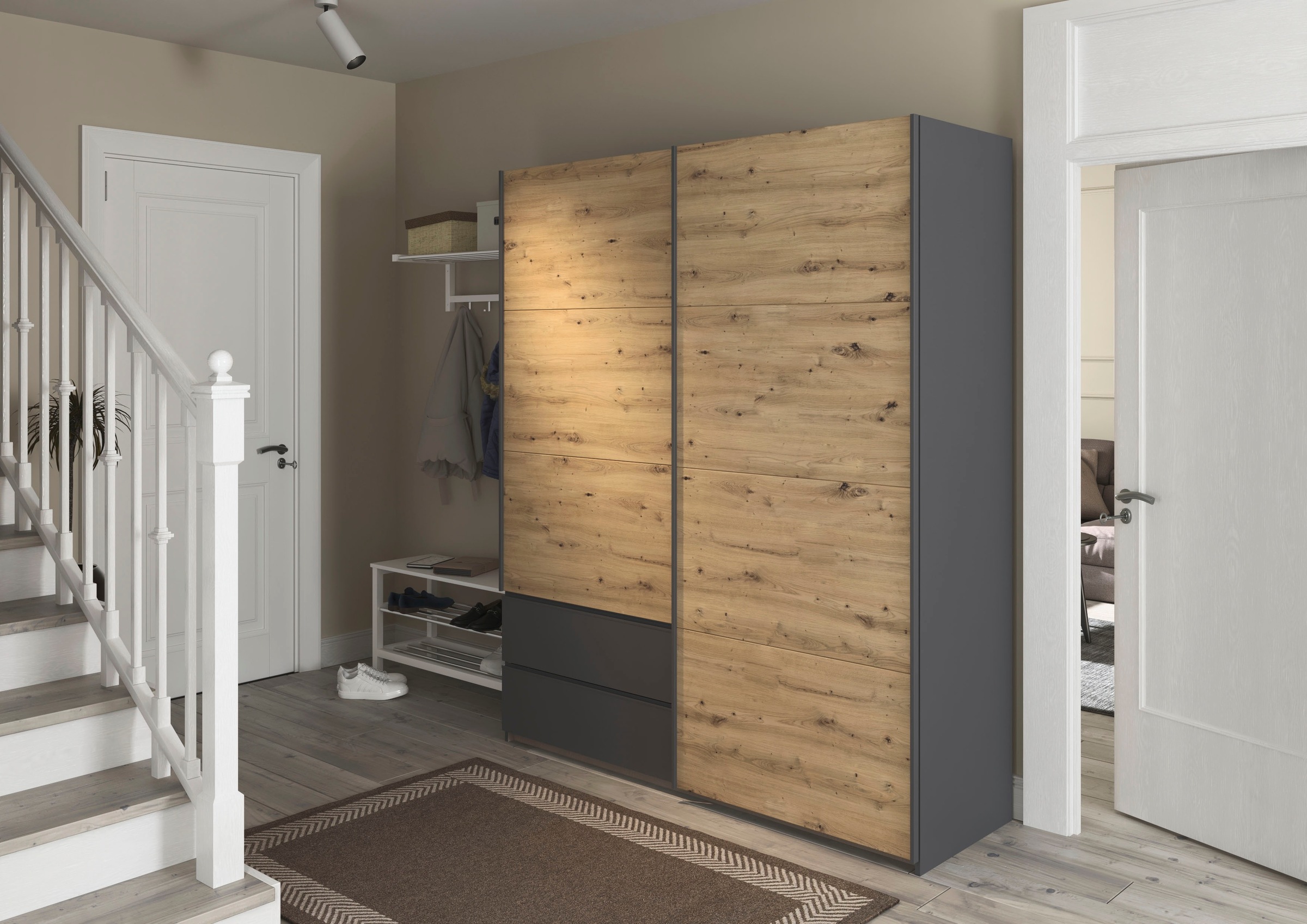 rauch Schwebetürenschrank »Kleiderschrank Schrank Garderobe Wäscheschrank SEVILLA«, (in 3 verschiedenen Ausstattungen BASIC/CLASSIC/PREMIUM), Metall-Griffleisten alufarben oder Graumetallic MADE IN GERMANY