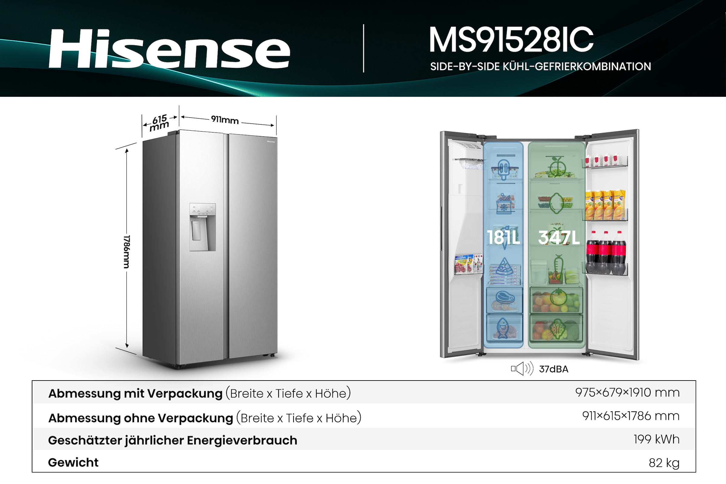 Hisense Side-by-Side »MS91528IC« 178,6 cm hoch 91,1 cm breit mit Wasser-/Eisspender, kein Festwasseranschluss dank Tank