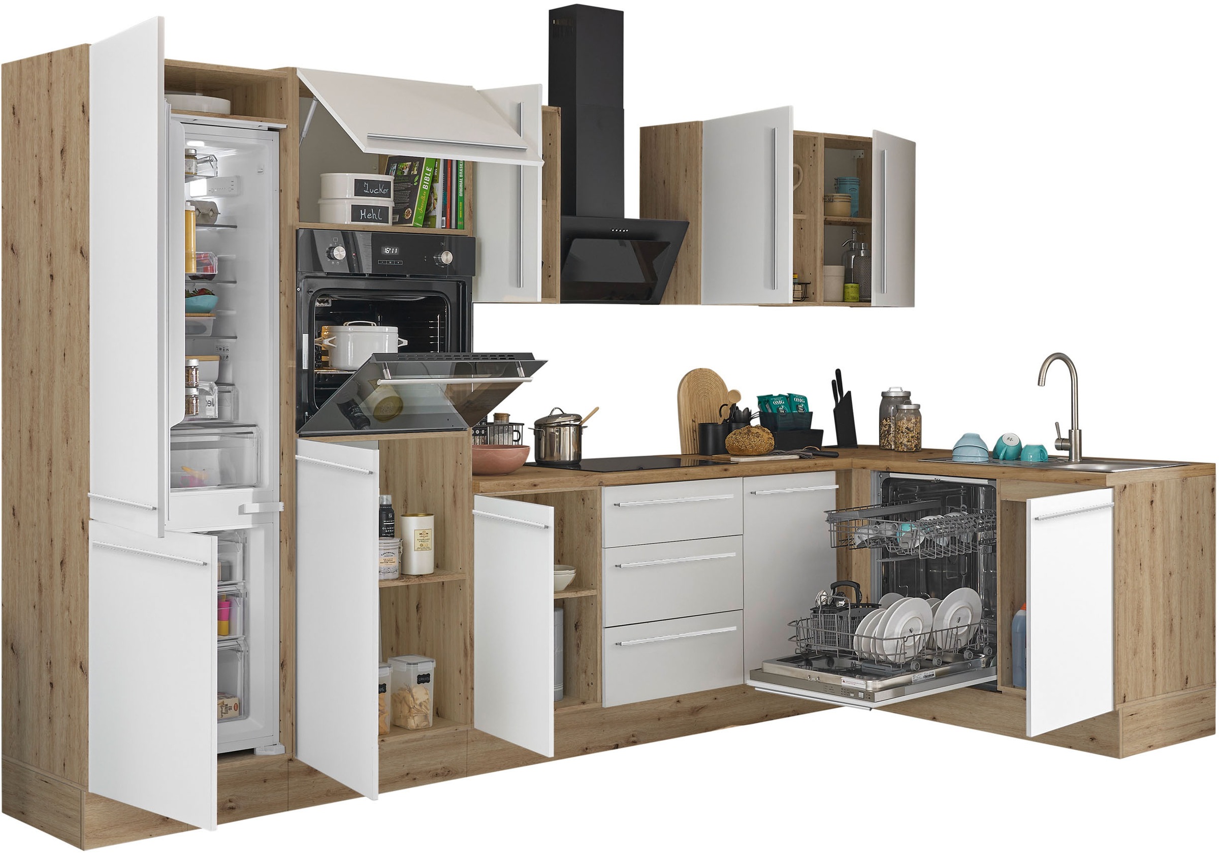 KOCHSTATION Winkelküche »Florida, Stellbreite 340x175 cm«, wahlweise mit E-Geräten, mit Softclose für Türen und Schubkästen
