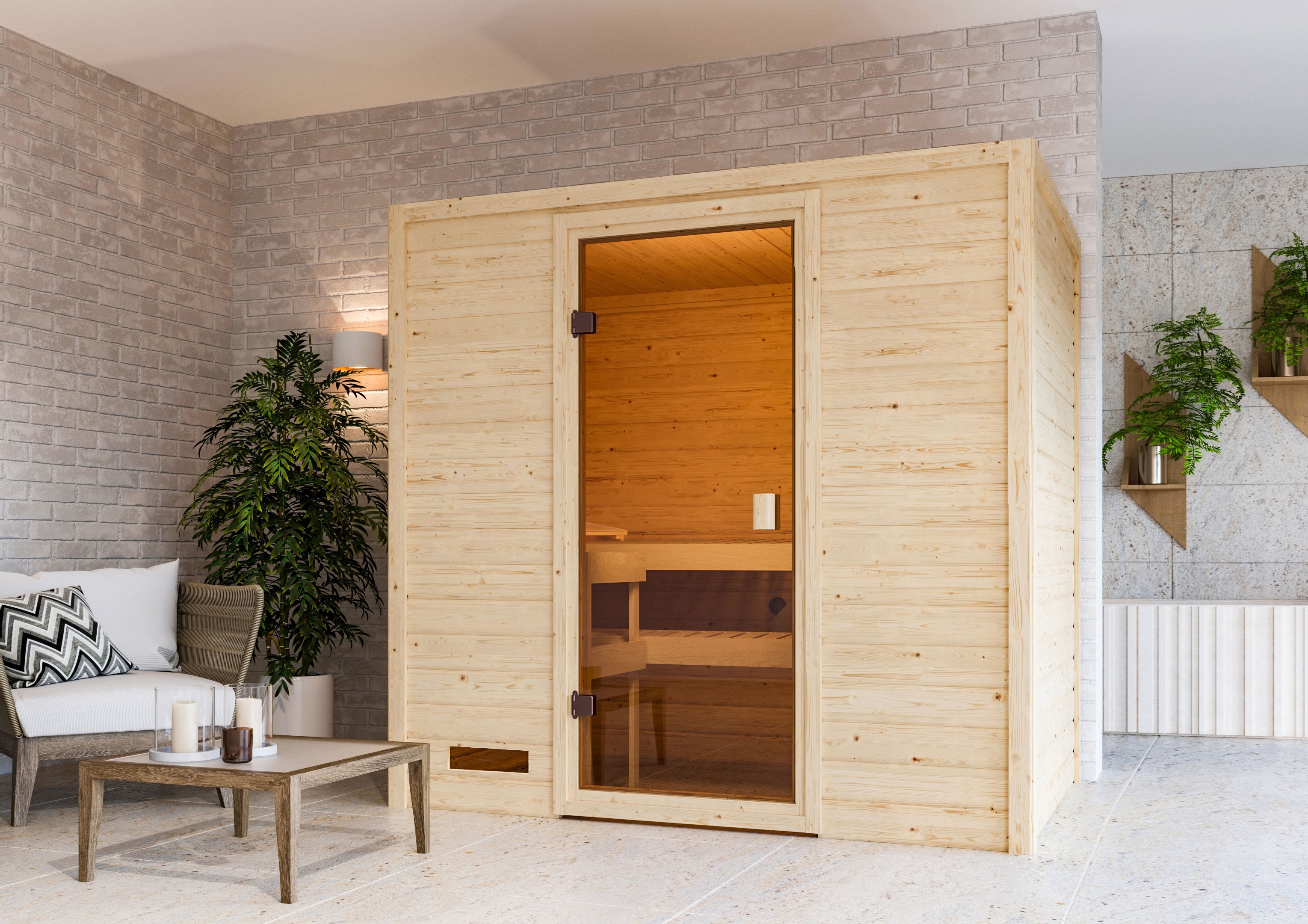 Karibu Sauna ""Sunie" mit bronzierter Tür, naturbelassen" aus hochwertiger nordischer Fichte